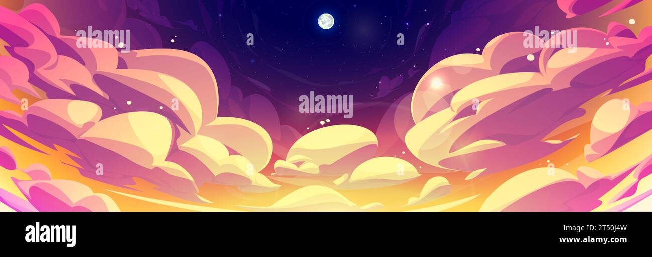 Cartoon skyscape during sunset or sunrise with fluffy anime style clouds. Vector air panoramic background of deep purple and yellow gradient colored cloudy heaven with moon and curve shaped haze. Stock Vector