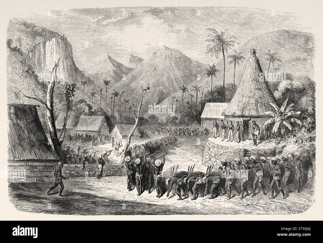 Fiji islands warriors dance, Fiji islands. Melanesia, Oceania in the southwestern Pacific Ocean. Voyage to the Great Viti, great equinoctial ocean by John Denis Macdonald 1855. Old 19th century engraving from Le Tour du Monde 1860 Stock Photo