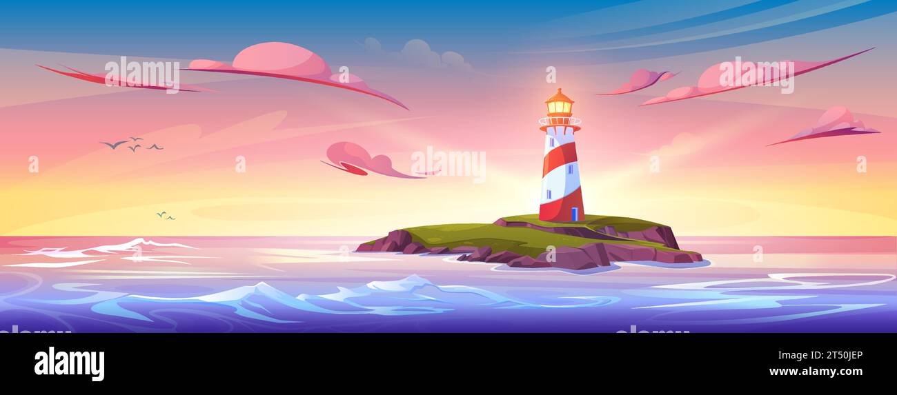 Summer sunset or sunrise cartoon landscape with lighthouse on rocky ...