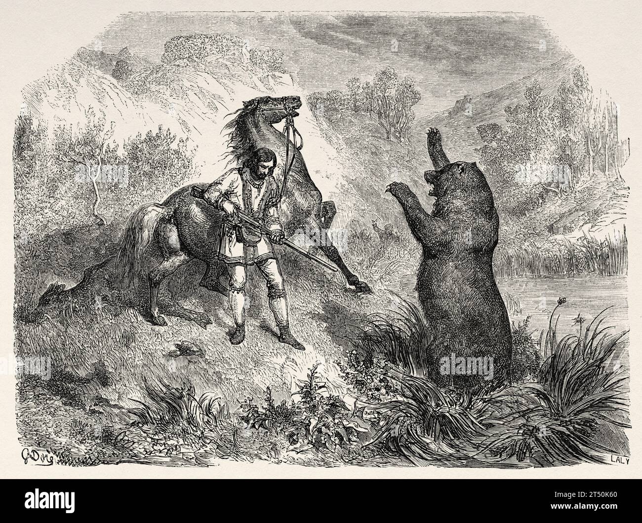 Bear hunting scene, USA. Exploration of the Rocky Mountains in 1857-1859 by Captain John Palliser. Old 19th century engraving from Le Tour du Monde 1860 Stock Photo