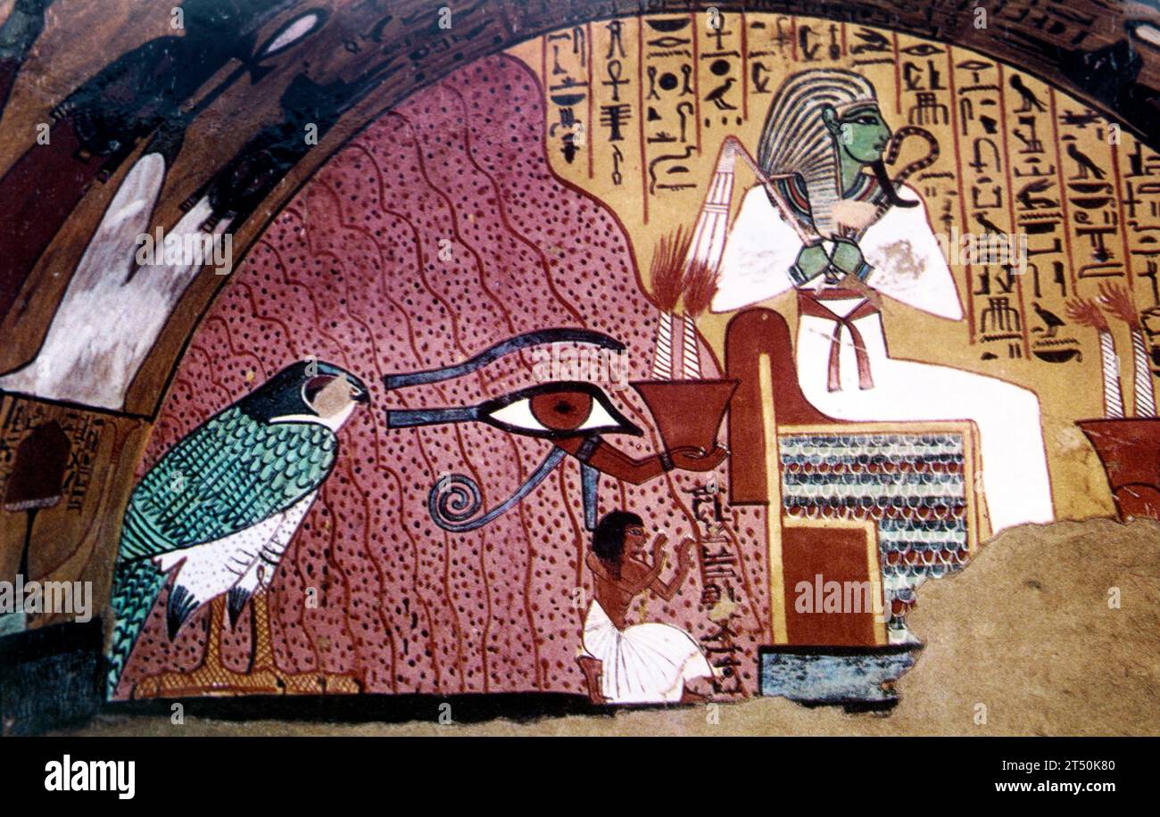 Tomb Painting of Osiris and the Eye of Ra in the  Tomb of Pashedu (TT3) who was an Ancient Egyptian Artisan Deir Al-Medina West Bank Luxor Egypt Stock Photo