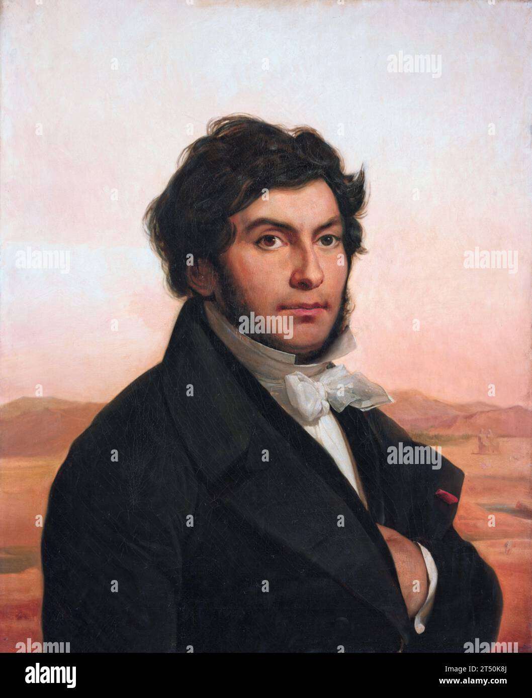 Jean Francois Champollion. Portrait of the French Egyptologist, Jean-François Champollion (Champollion le jeune: 1790-1832) by Léon Cogniet, oil on canvas, 1831. Champollion is best known for his work translating the hieroglyphs on the Rosetta Stone. Stock Photo