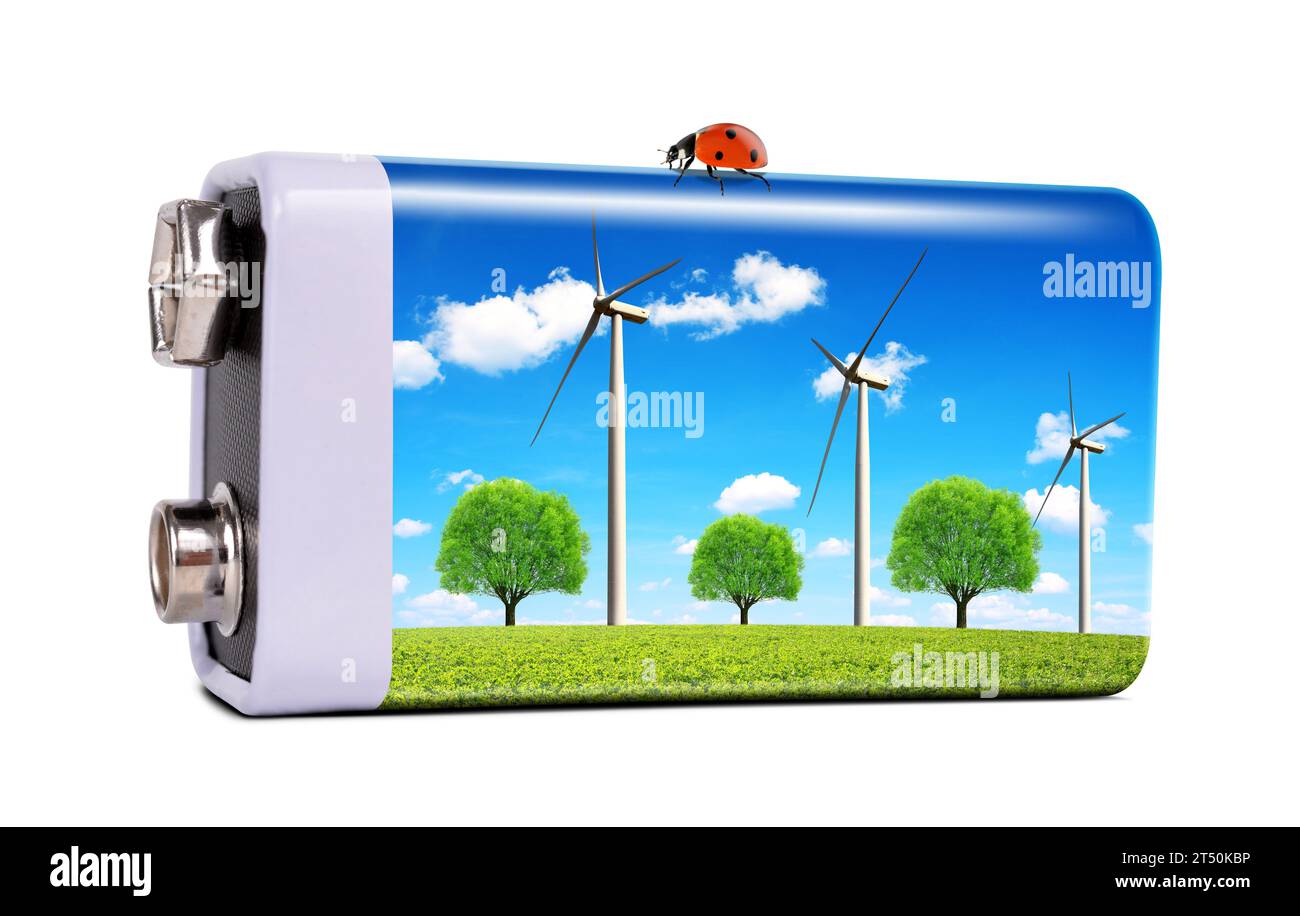 Battery with wind turbines isolated on a white background. The concept
