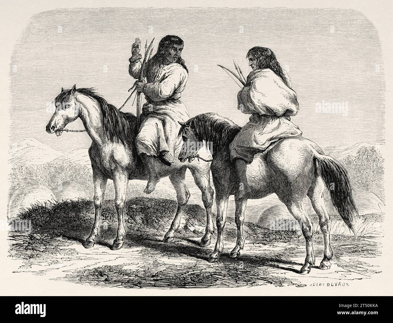 Native Comanche Indians on horseback. USA. Voyage of Heinrich Balduin Mollhausen from the Mississippi river to the shores of the Pacific Ocean 1853–1854. Old 19th century engraving from Le Tour du Monde 1860 Stock Photo
