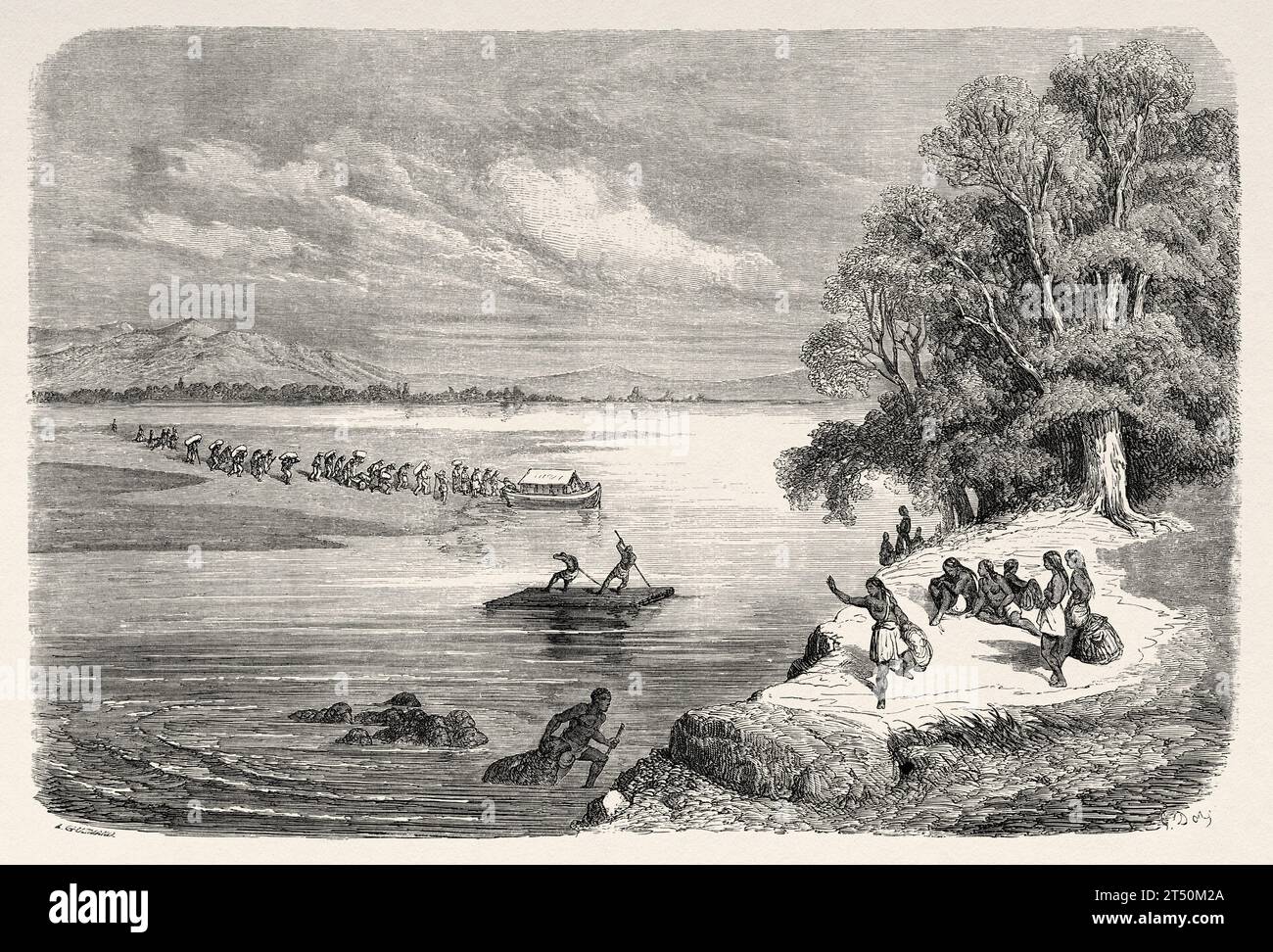 Native American Indians crossing the Colorado River. USA. Voyage of Heinrich Balduin Mollhausen from the Mississippi river to the shores of the Pacific Ocean 1853–1854. Old 19th century engraving from Le Tour du Monde 1860 Stock Photo
