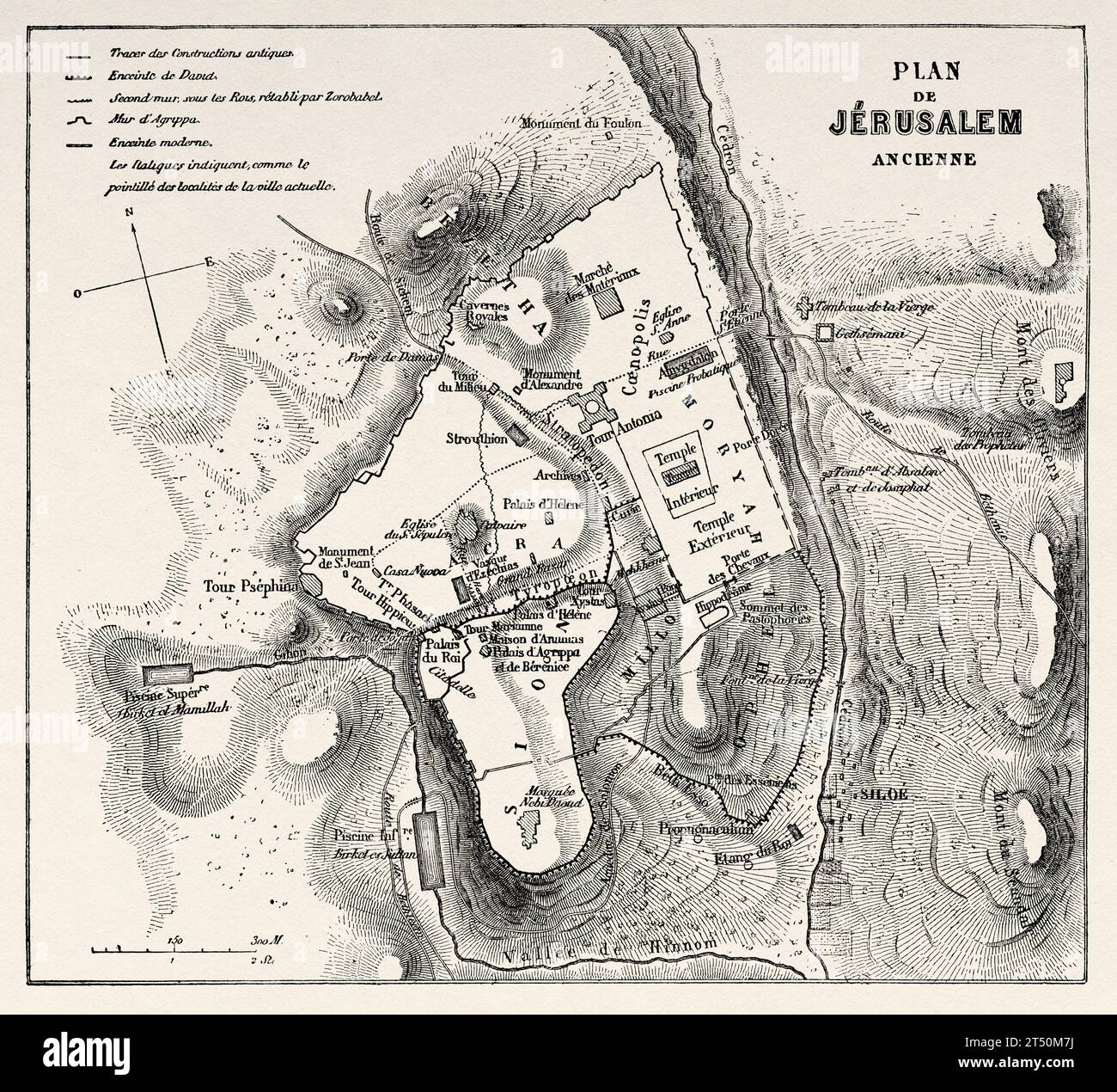 Jerusalem old city map. Travels in Palestine, 1856-1859. Old 19th century engraving from Le Tour du Monde 1860 Stock Photo