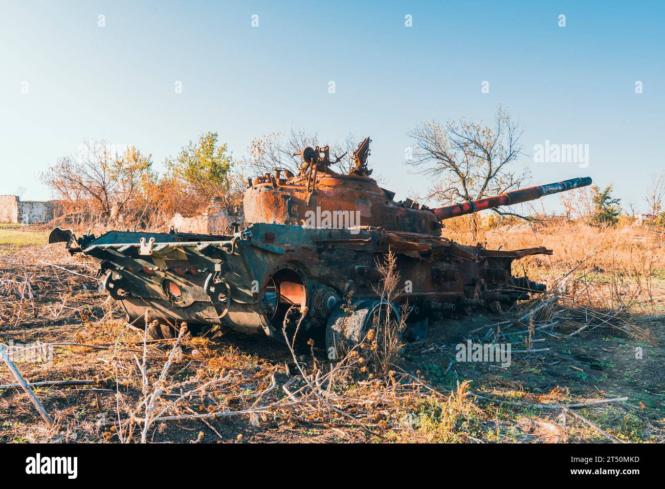 Destroyed burnt battle tank in the countryside. War in Ukraine. Russian invasion of Ukraine Stock Photo