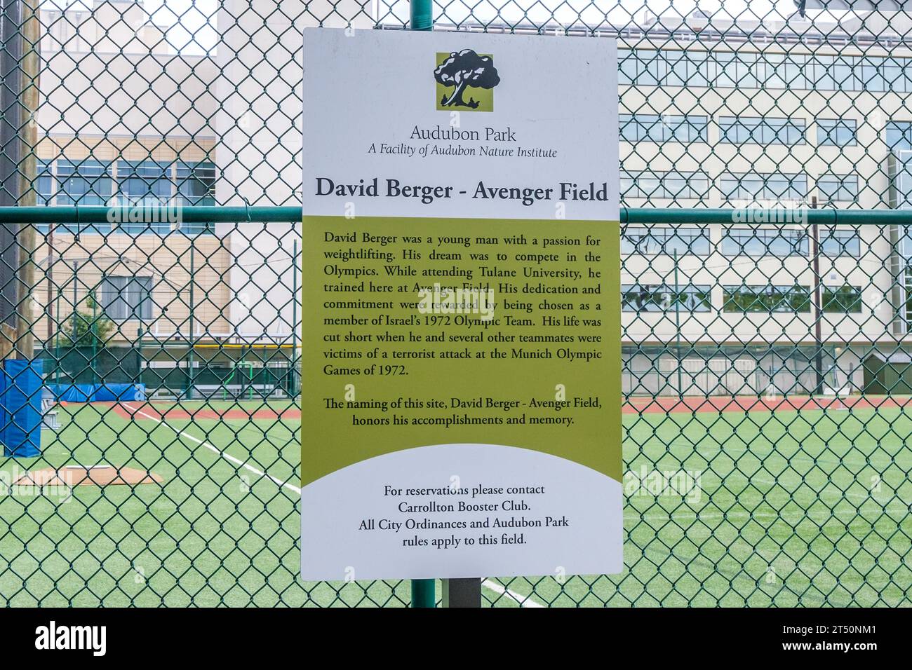 NEW ORLEANS, LA, USA - OCTOBER 31, 2023: Sign memorializes David Berger, a weightlifter killed by Palestinian Terrorists at the 1972 Munich Olympics Stock Photo