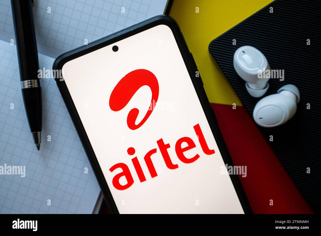 Poland. 02nd Nov, 2023. In this photo illustration an Airtel logo seen displayed on a smartphone. (Photo by Mateusz Slodkowski/SOPA Images/Sipa USA) *** Strictly for editorial news purposes only *** Credit: Sipa USA/Alamy Live News Stock Photo