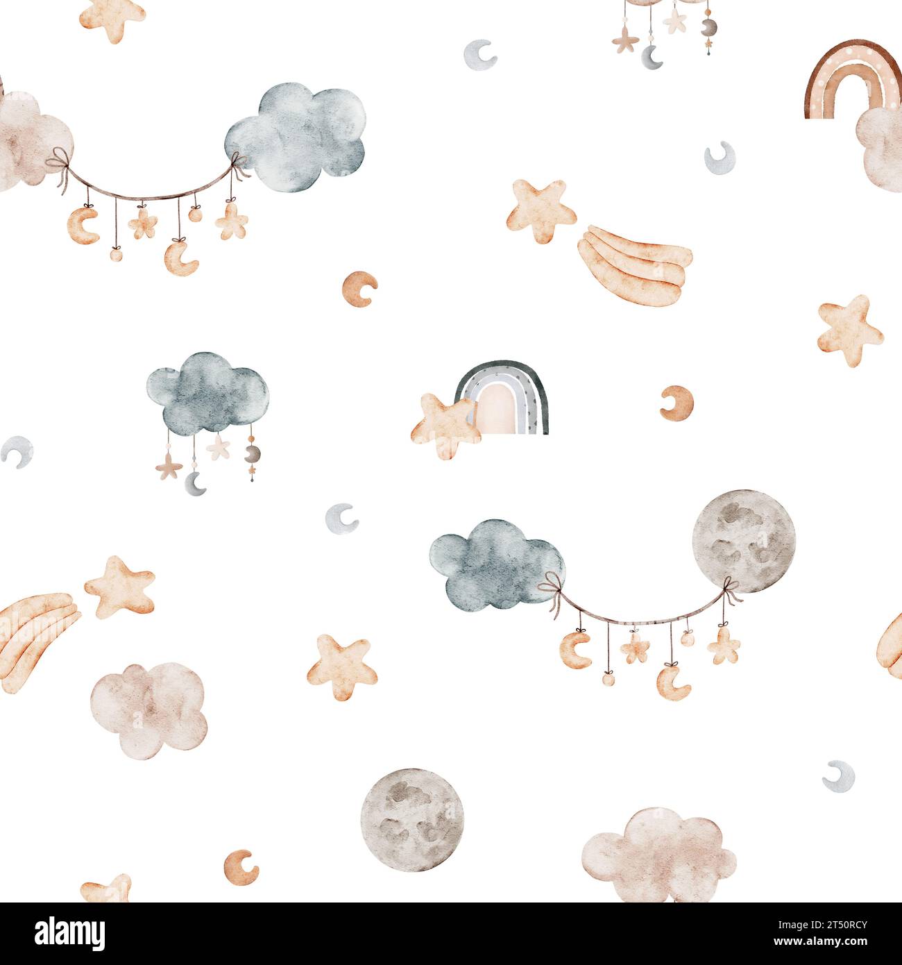 Watercolor seamless kids pattern with cute stars, rainbow and moon ...