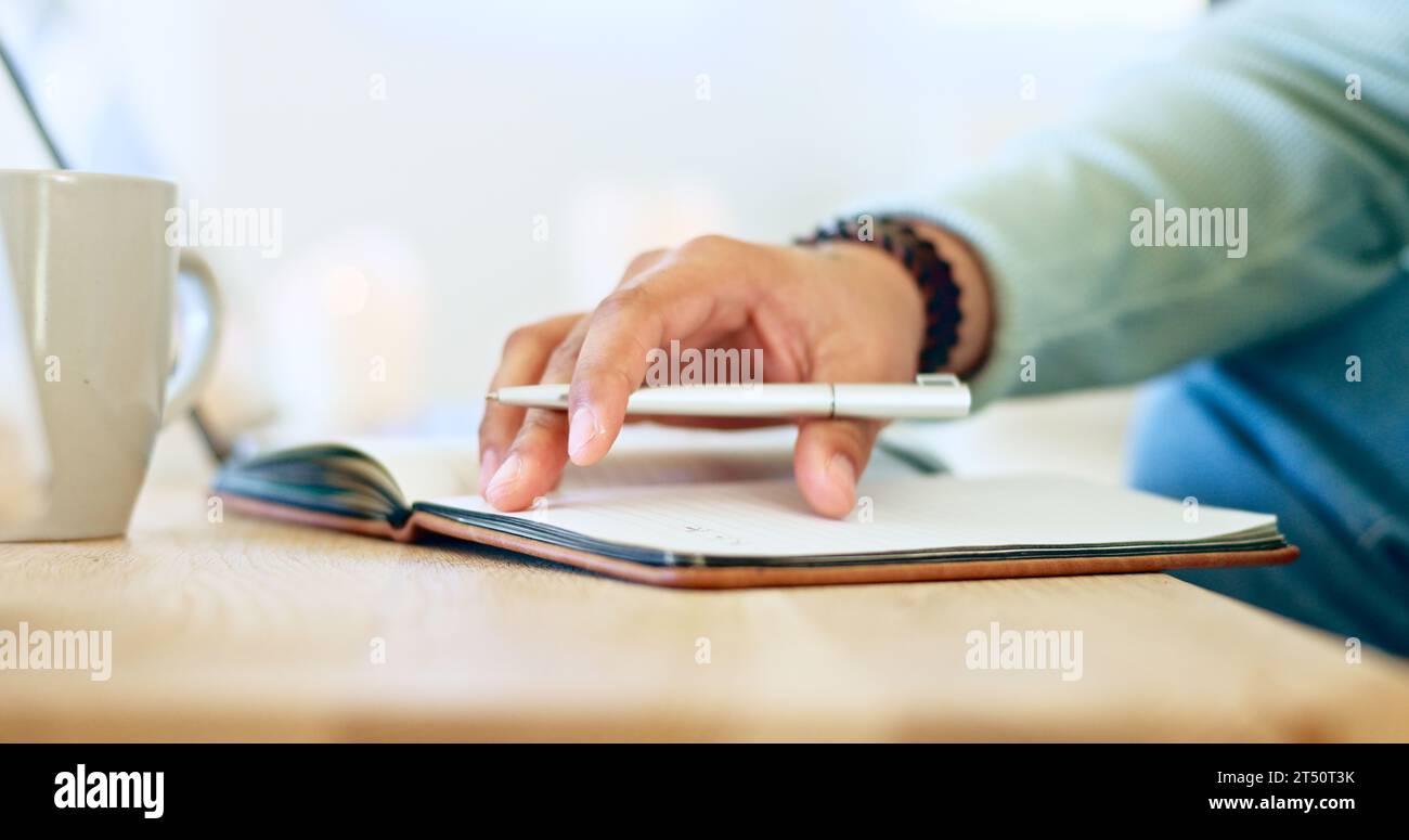 Writing, notebook and hands with pen for planning, diary entry and ...