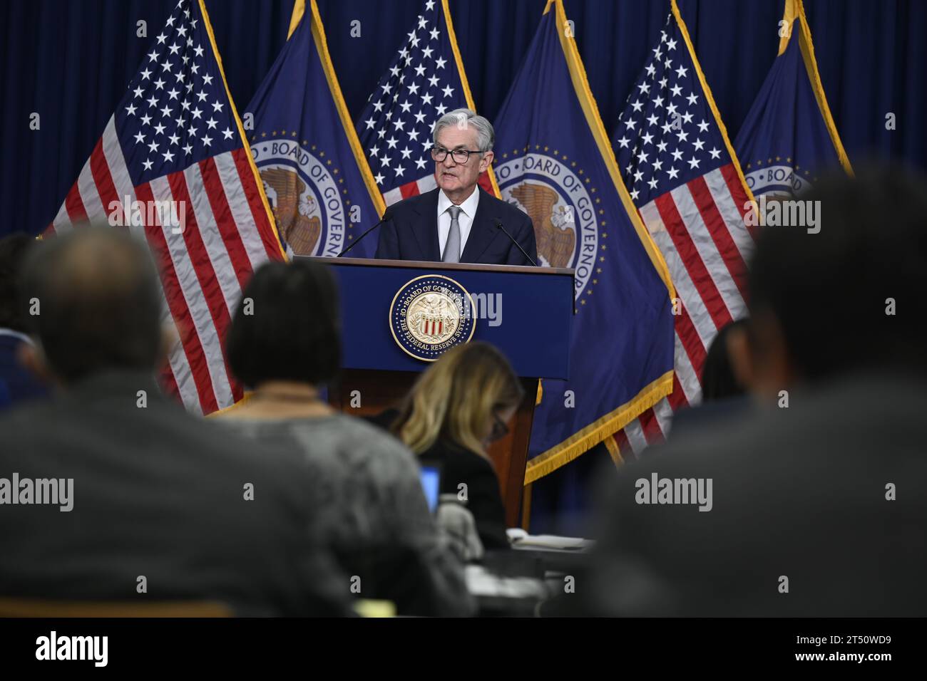 Washington, United States Of America. 01st Nov, 2023. Washington, United States of America. 01 November, 2023. U.S. Federal Reserve Chairman Jerome Powell listens to a question from a reporter during a press conference following the Federal Open Market Meeting at the Federal Reserve building, November 1, 2023 in Washington, DC. Powell suggested that the Fed was edging ever closer to the end of its rate-hiking campaign. Credit: Britt Leckman/Federal Reserve/Alamy Live News Stock Photo