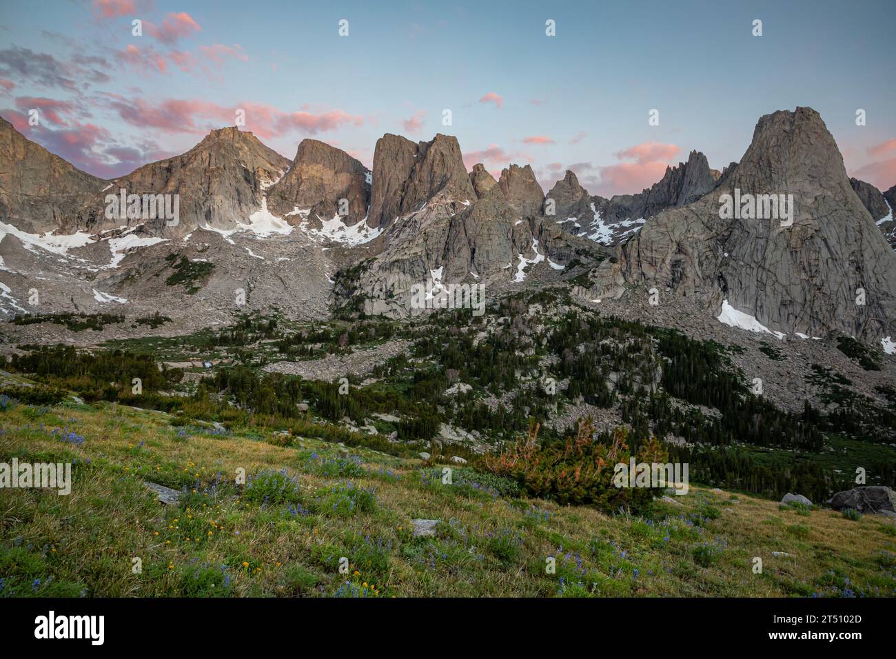 WY05580-00...WYOMING - North side of Jackass Pass at sunrise  in the Cirque of the Towers in the Popo Agie Wilderness area of the Wind River Range. Stock Photo