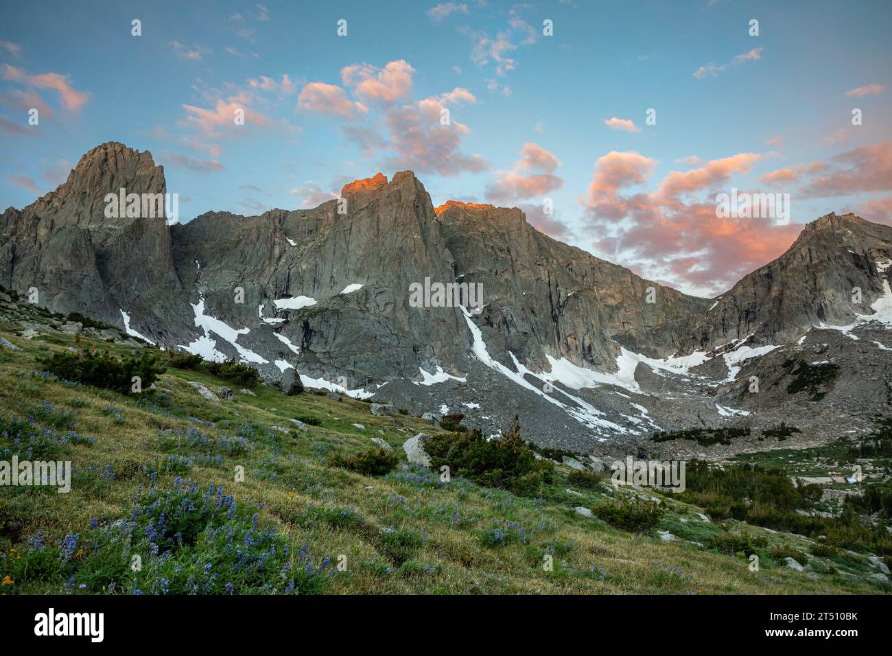 WY05583-00...WYOMING - Warrior, Warbonnet, and Warrior 2 at sunrise in the Cirque of the Towers in the Popo Agie Wilderness area. Stock Photo