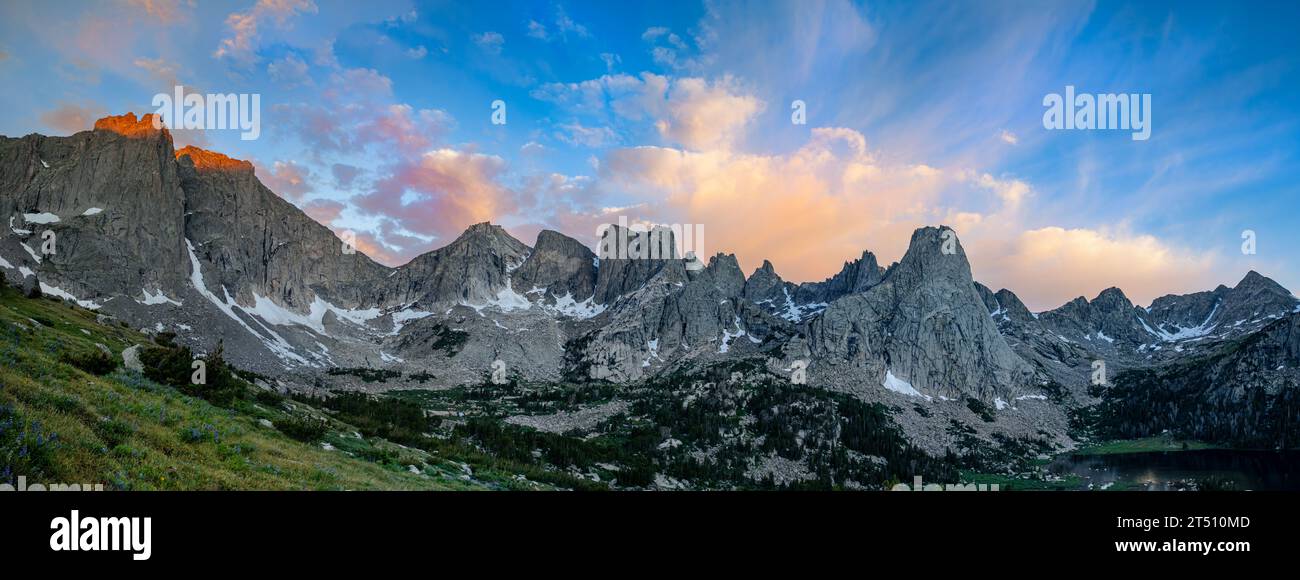 WY05585-00...WYOMING - Sunrise at the Cirque of the Towers, Lonesome Lake and Texas Pass from Jackass Pass in the Wind River Range. Stock Photo