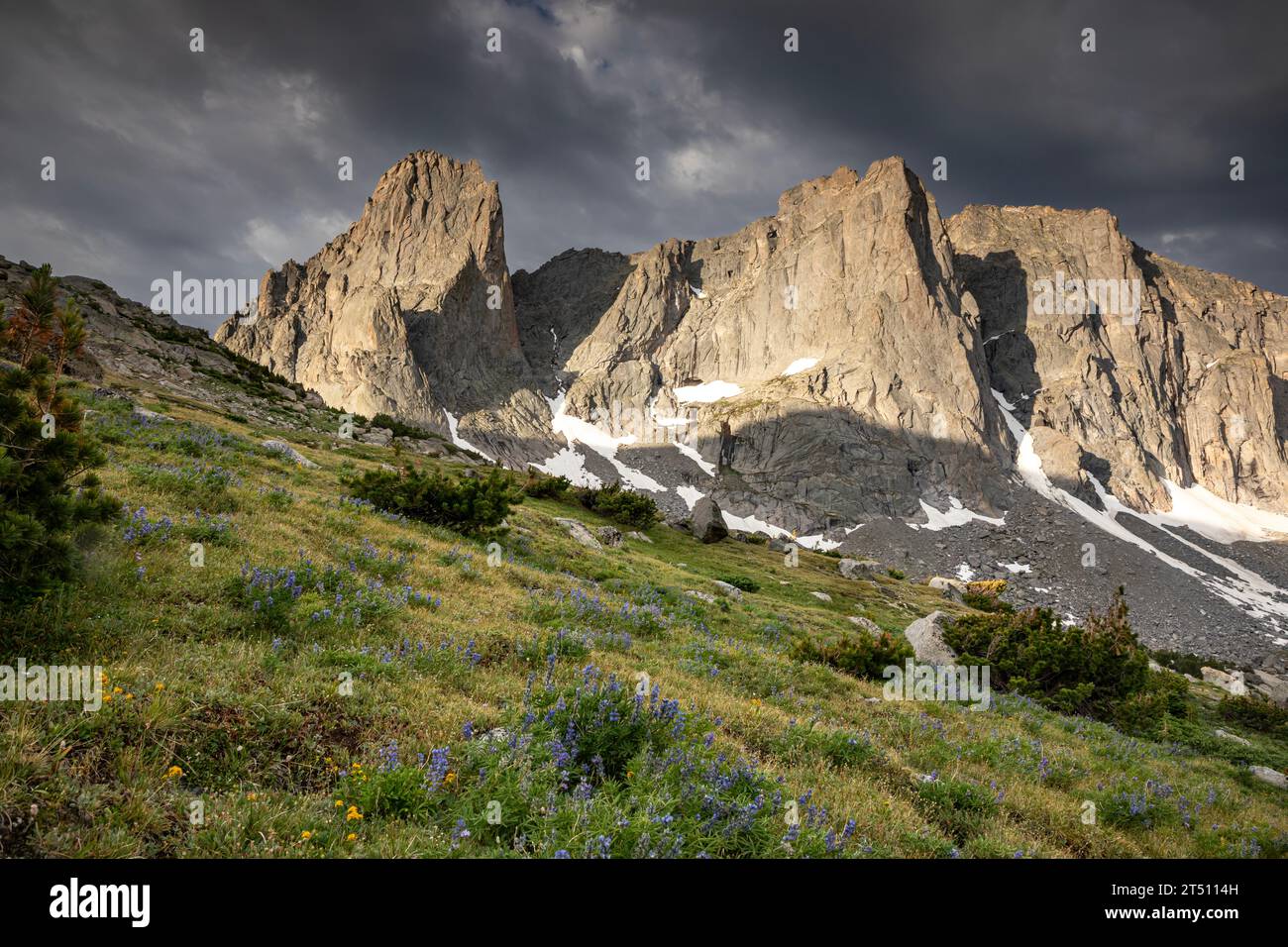 WY05590-00...WYOMING - Early morning light in Warbonnet, Warrior and Warrior 2 Peaks, part of the Cirque of the Towers. Stock Photo
