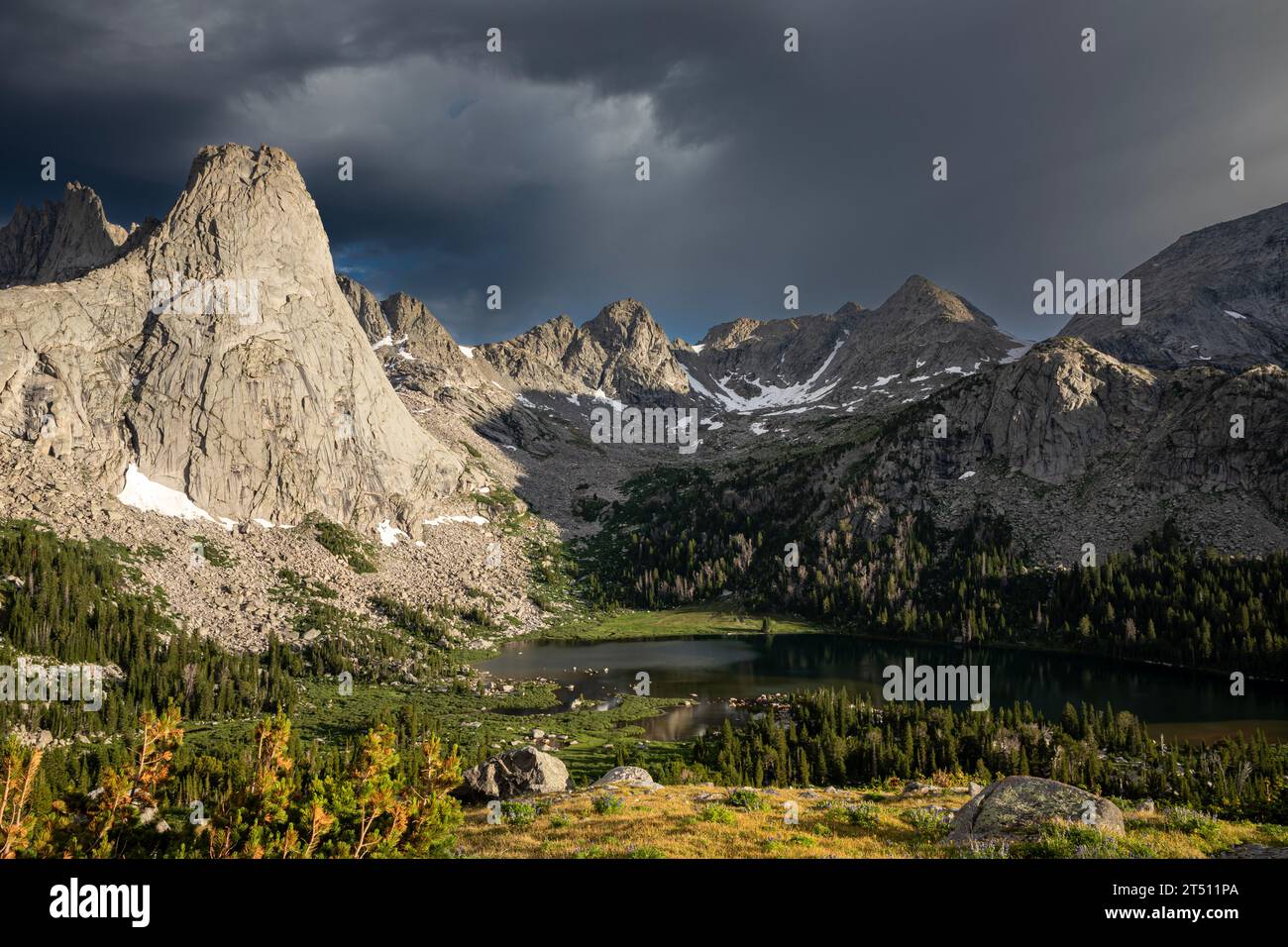 WY05594-00...WYOMING - Pingora Peak in Cirque of the Towers and Lonesome Lake in the Popo Agie Wilderness area of the Wind River Range. Stock Photo