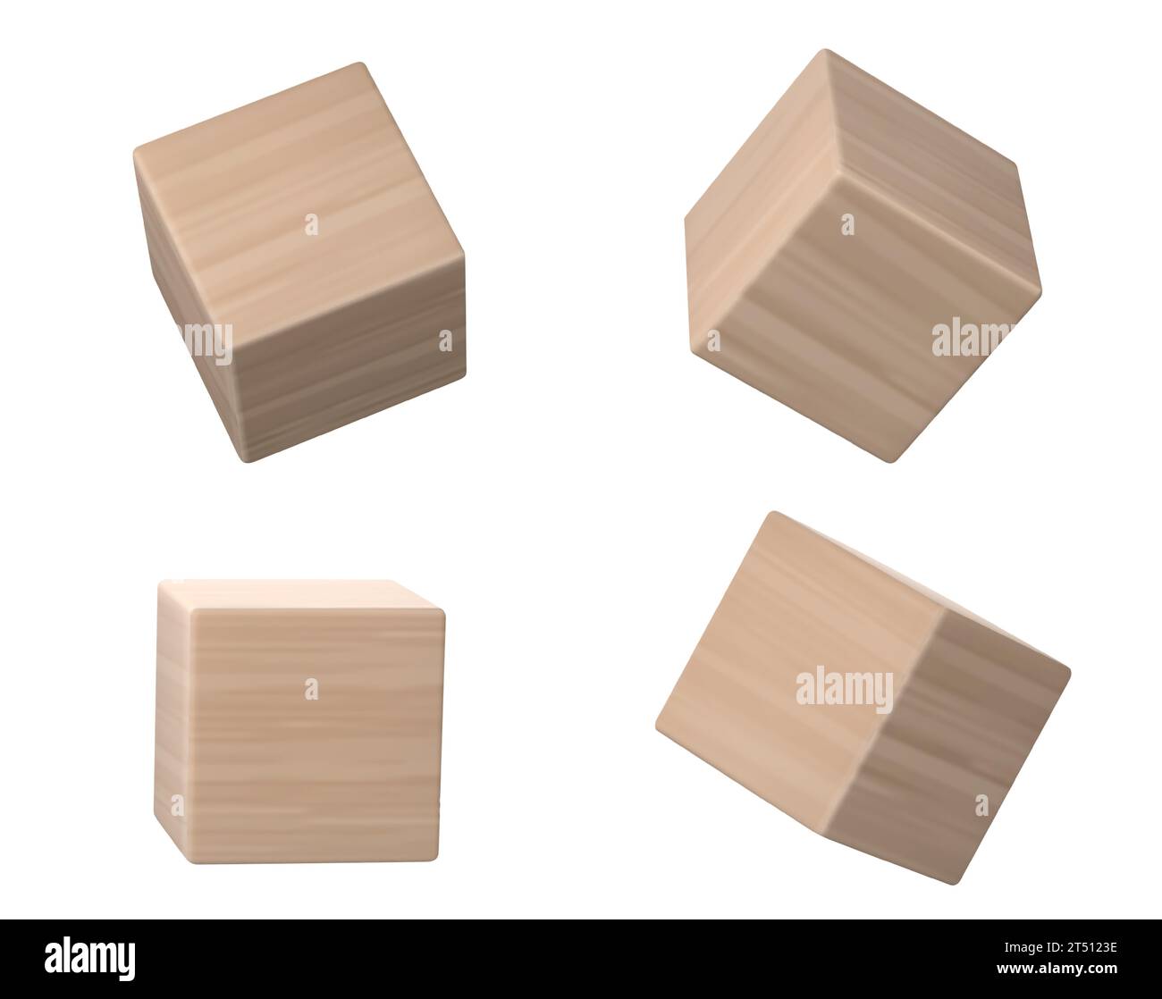 Wooden cube block for alphabet kids toy. 3d vector illustration of brown rectangular beam element with wood texture for child education and play. Mockup of timber square pieces in different angles Stock Vector