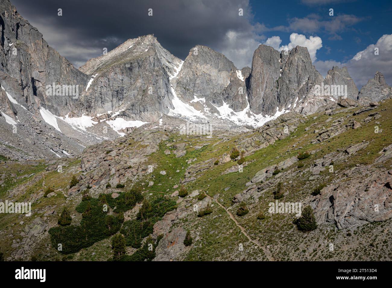 WY05604-00...WYOMING - Climber's trail to the Cirque of the Towers located above Arrowhead Lake in the Bridger Wilderness. Stock Photo