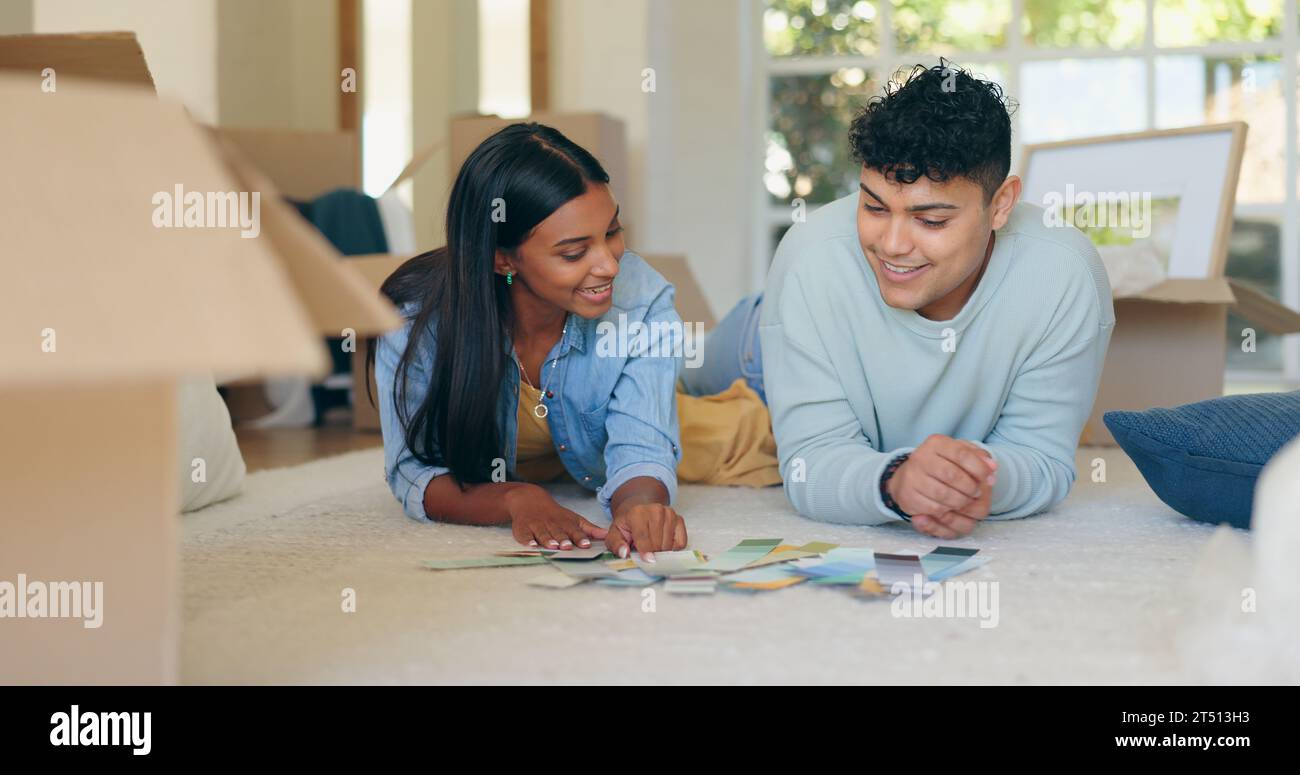 Home renovation, painting color and couple on floor with choice ... - Superior Apartment Interior Design Decision