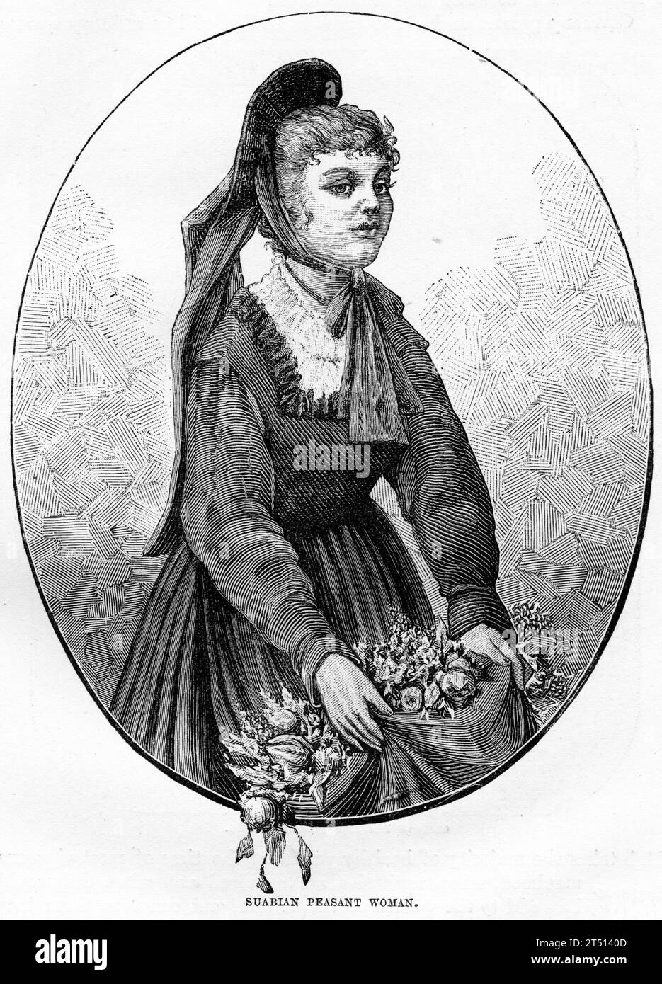 Engraved portrait of a Suarian peasant woman in traditional costume. Published circa 1887 Stock Photo