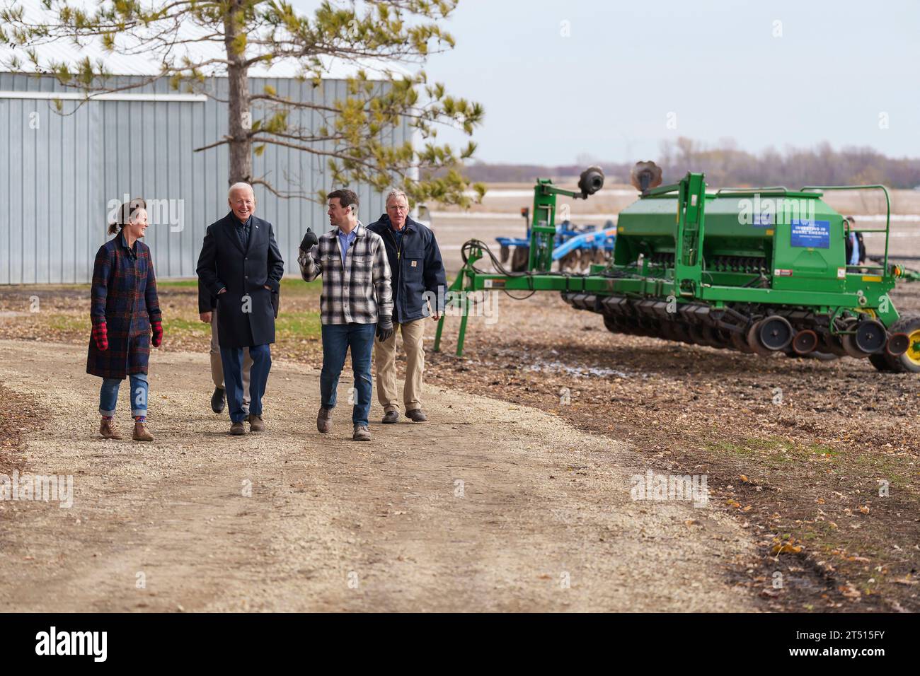 Northfield, United States. 01st Nov, 2023. U.S. President Joe Biden, center, is given a tour of the family-owned Dutch Creek Farm by members of the Kluver family during his Investing in Rural America tour, November 1, 2023 in Northfield, Minnesota. Left to right: Nancy Clover, President Joe Biden, Brad Kluver and Rusty Kluver. Credit: Adam Schultz/White House Photo/Alamy Live News Stock Photo