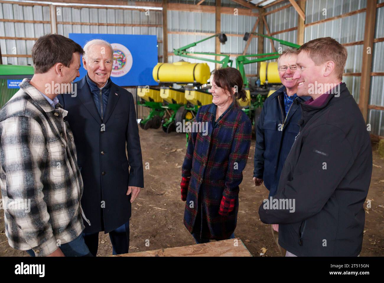 Northfield, United States. 01st Nov, 2023. Left to right: Brad Culver, U.S. President Joe Biden, Nancy Kluver, Rusty Kluver and Rob Kluver chat before before the start of the Investing in Rural America kickoff at the family-owned Dutch Creek Farm, November 1, 2023 in Northfield, Minnesota. Credit: Adam Schultz/White House Photo/Alamy Live News Stock Photo