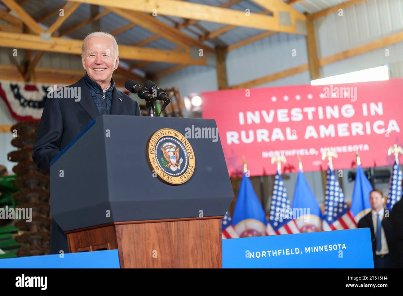 Northfield, United States. 01st Nov, 2023. U.S. President Joe Biden delivers remarks on his Investing in Rural America proposal during a visit to the family-owned Dutch Creek Farms, November 1, 2023 in Northfield, Minnesota. Credit: Adam Schultz/White House Photo/Alamy Live News Stock Photo