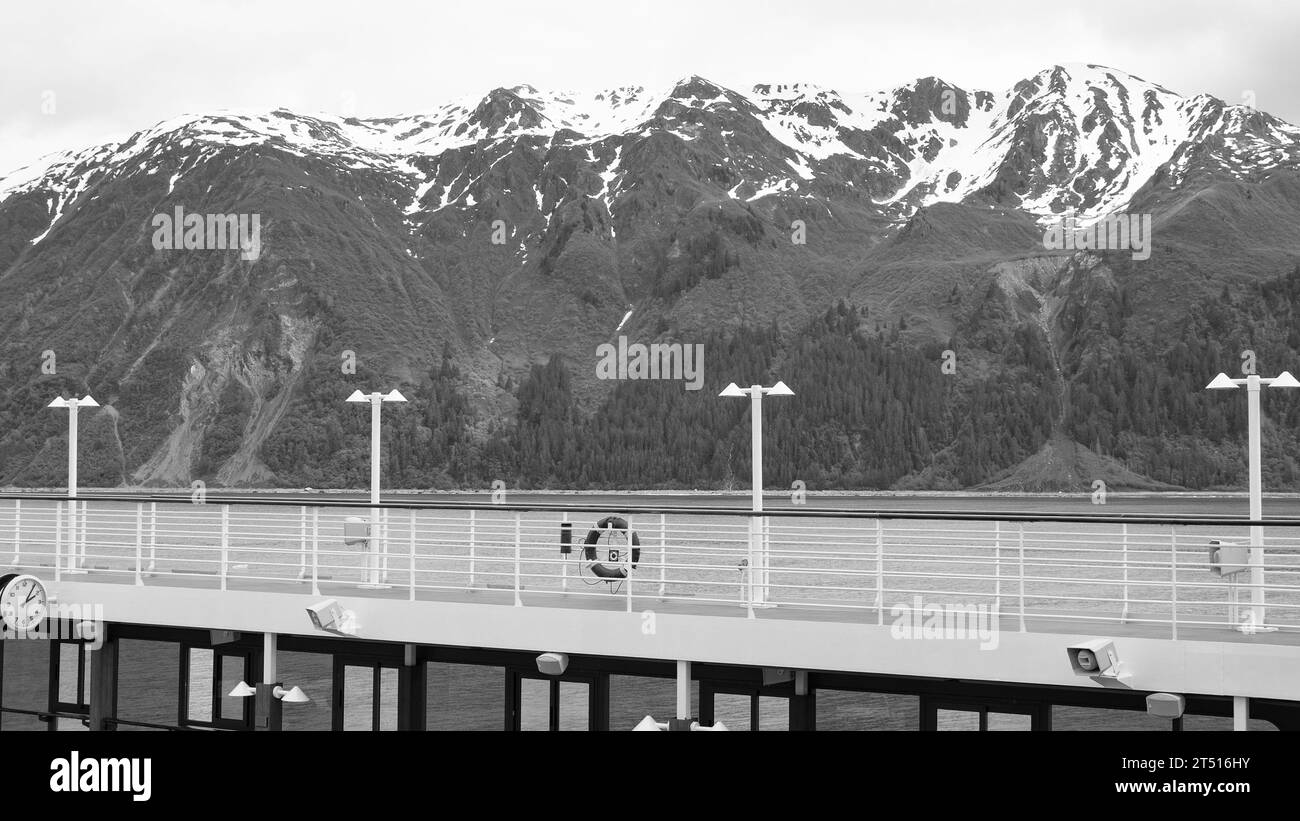 lifebuoy at travel cruise ship in alaska. lifebuoy at travel cruise with landscape. Stock Photo