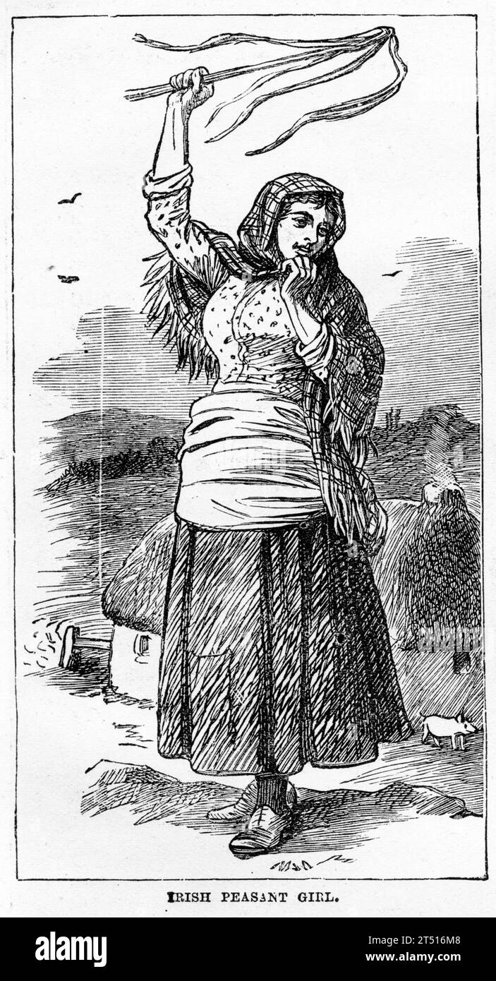 Engraving of an Irish peasant girl outside her home, circa 1880 Stock Photo