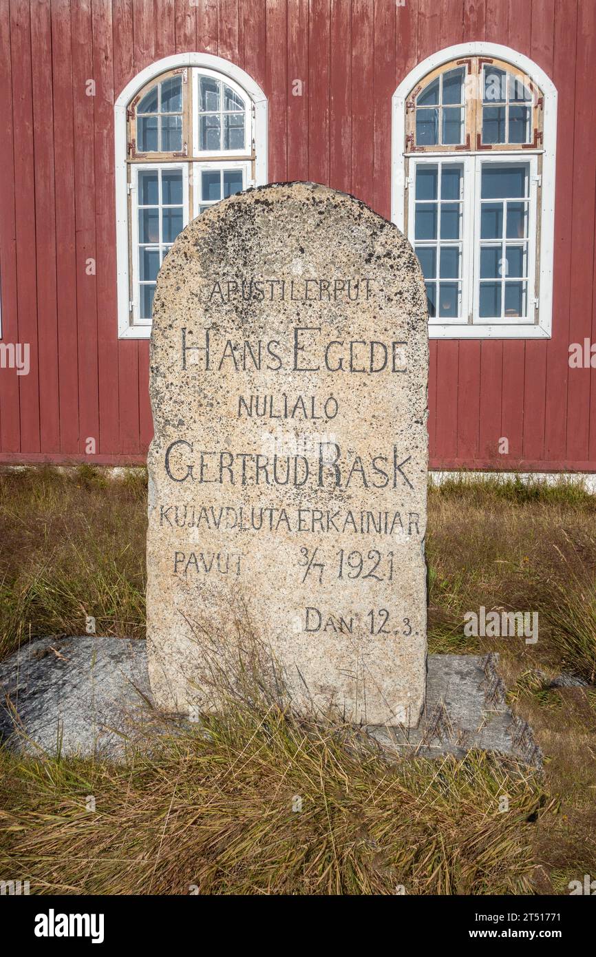 A Memorial Stele To The Missionary Hans Egede And Wife Gertrud Rask At The Church of Our Savior In Qaqortoq Greenland Stock Photo