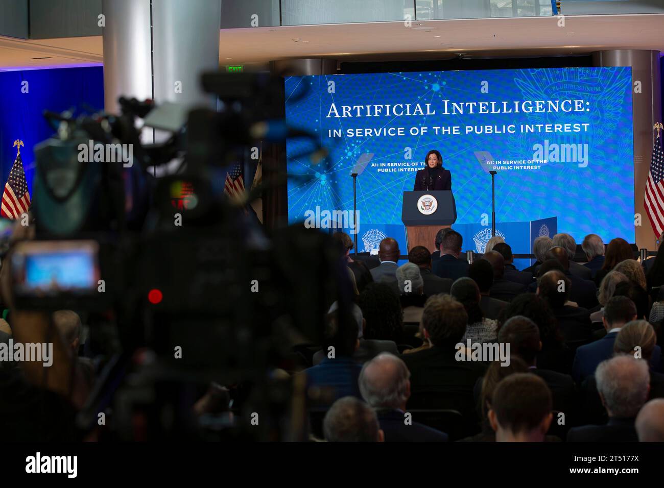 London, United Kingdom. 01st Nov, 2023. U.S. Vice President Kamala Harris delivers remarks on Artificial Intelligence at the U.S. Embassy, November 1, 2023 in London, United Kingdom. Harris spoke prior to attending the first global AI safety summit. Credit: US Embassy/State Department Photo/Alamy Live News Stock Photo