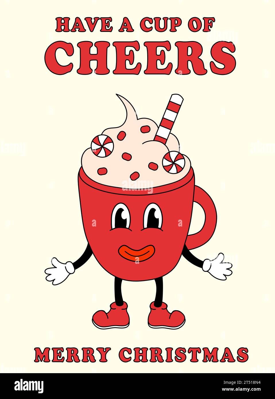 Merry Christmas Groovy Card. Cup in retro cartoon style. Have a Cup of Cheers. Greeting card, template, posters, prints, party invitations Stock Vector