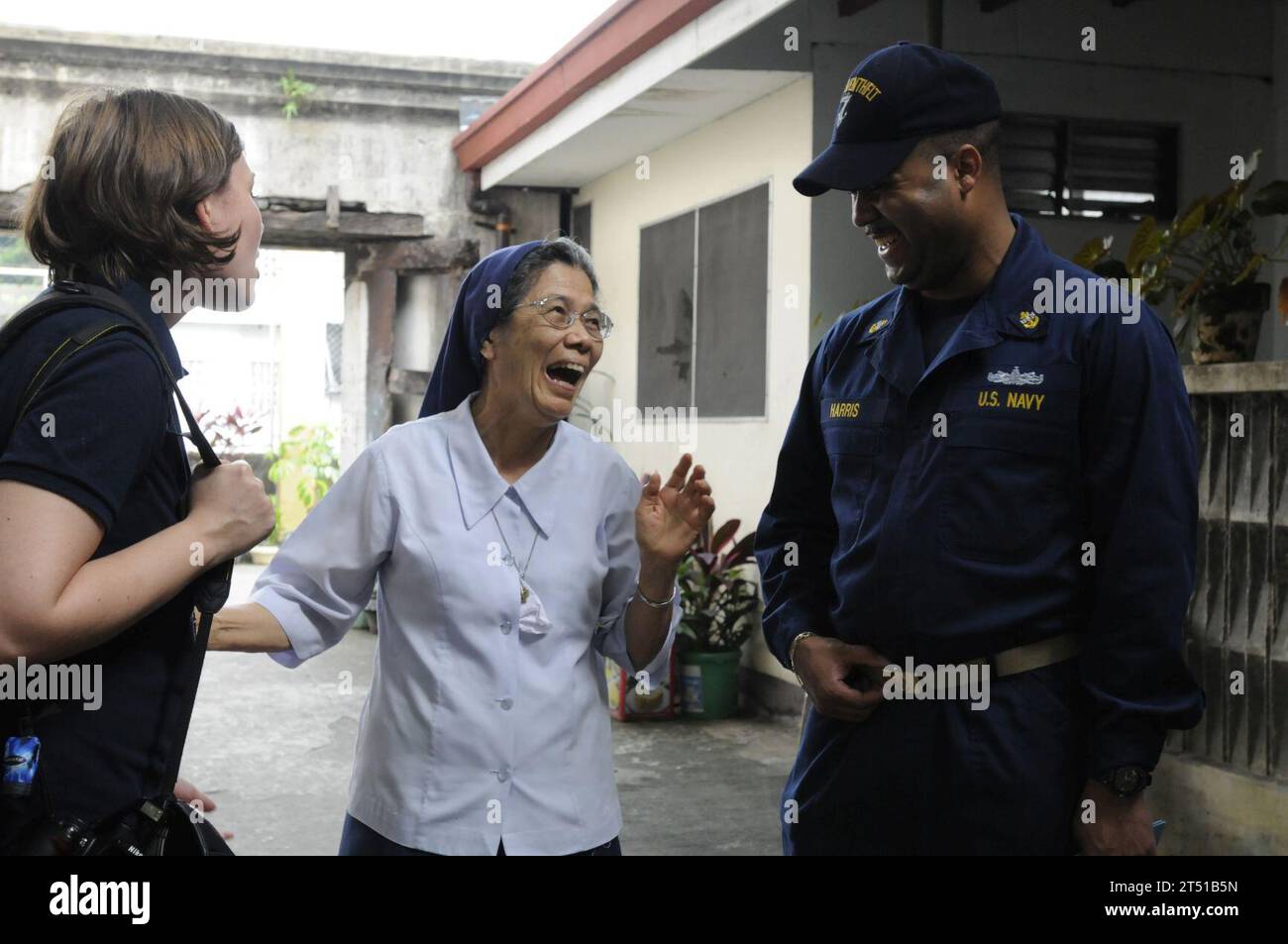 110215-N-9094S-028  MANILA, Philippines (Feb. 15, 2011) Chief Religious Programs Specialist Tshombe Harris, assigned to the U.S. 7th Fleet command ship USS Blue Ridge (LCC 19), speaks with Andrea Lindgren, a foreign service officer at the U.S. Embassy in Manila, and Sister Priscilla Ysaac, a nun at the Hospicio De San Jose, during a community service activity. U.S. Navy personnel have volunteered at the Hospicio De San Jose for more than 100 years. Blue Ridge serves under Commander, Expeditionary Strike Group (ESG) 7/Task Force (CTF) 76, the Navy's only forward deployed amphibious force. (U.S. Stock Photo