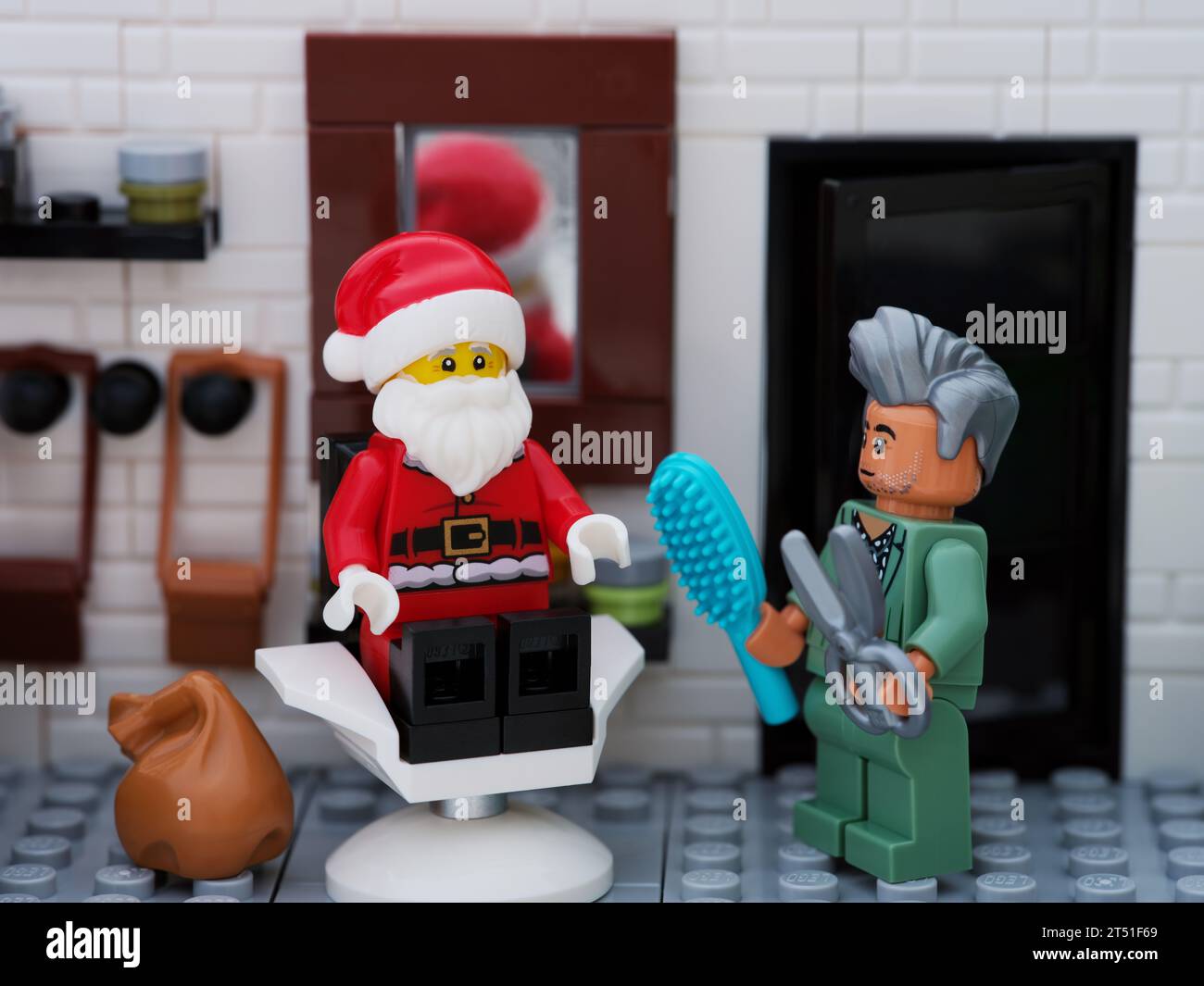 Tambov, Russian Federation - September 24, 2023 A Lego Santa Claus minifigure in a barber shop Stock Photo