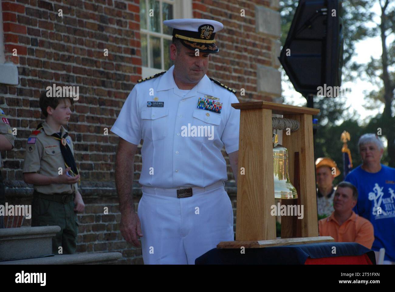 1007043312P-001  YORKTOWN, Va. (July 4, 2010) Capt. Chuck Marks, commanding officer of Naval Weapons Station Yorktown, rings a bell in honor of one of the original 13 colonies during a 4th of July ceremony at the home of Thomas Nelson. Nelson was a former governor of Virginia and one of the original signers of the Declaration of Independence. (U.S. Navy Stock Photo