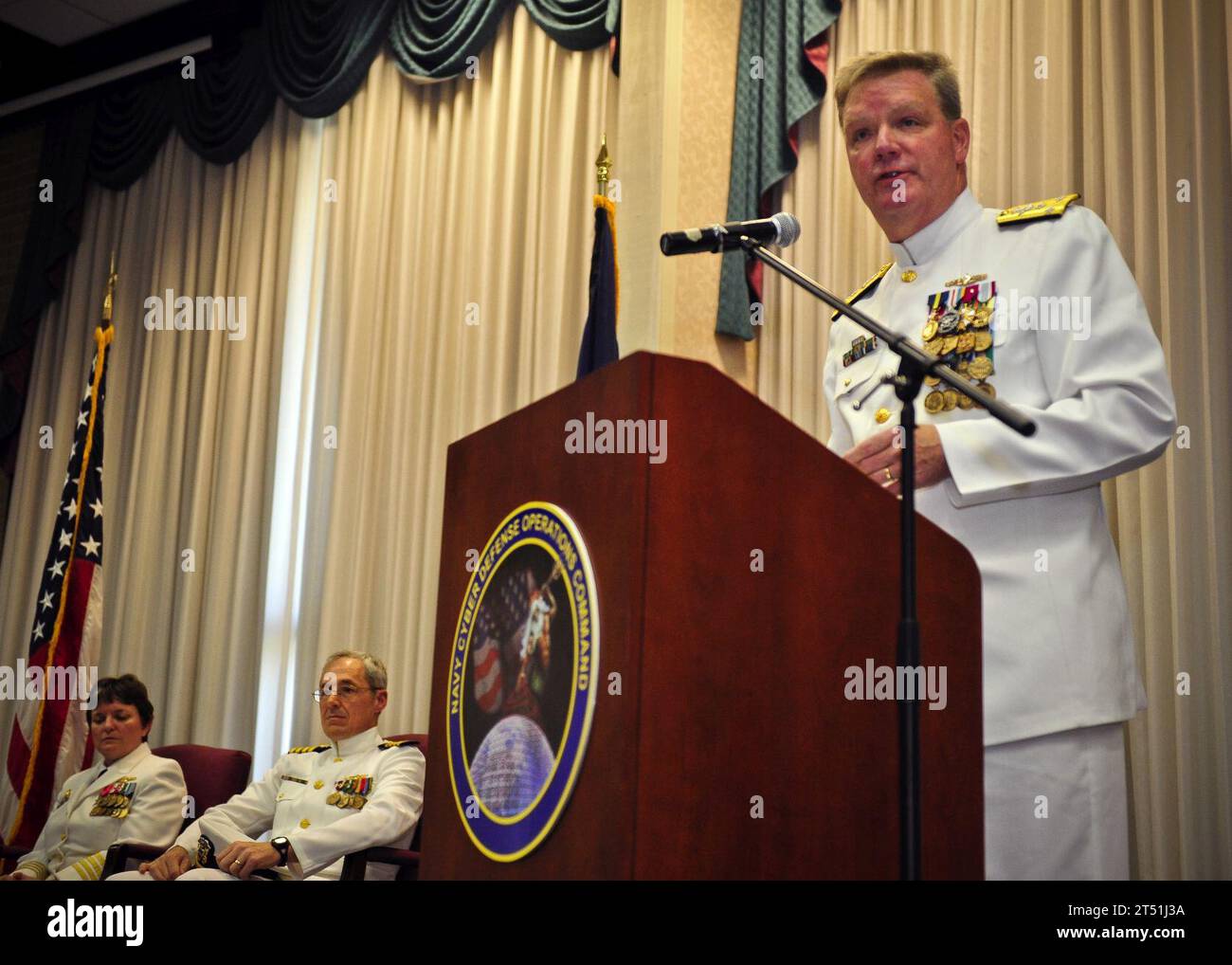 110722KK576-027 VIRGINIA BEACH, Va. (July 27, 2011) Vice Adm. Barry McCullough, commander of U.S. Fleet Cyber Command and U.S. 10th Fleet, delivers remarks during a change of command ceremony for Navy Cyber Defense Operations Command at Joint Expeditionary Base Little Creek-Fort Story. Capt. Alan F. Kukulies relived Capt. Stephanie T. Keck as commander of Navy Cyber Defense Operations Command. Navy Stock Photo