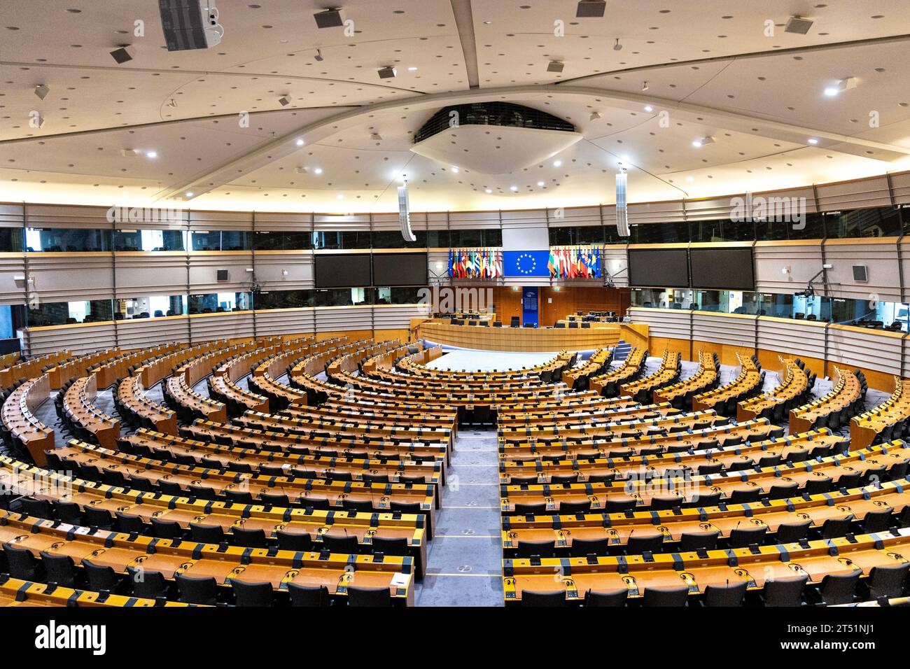 The hemicycle at Espace Léopold, European Parliament building, Brussels, Belgium Stock Photo