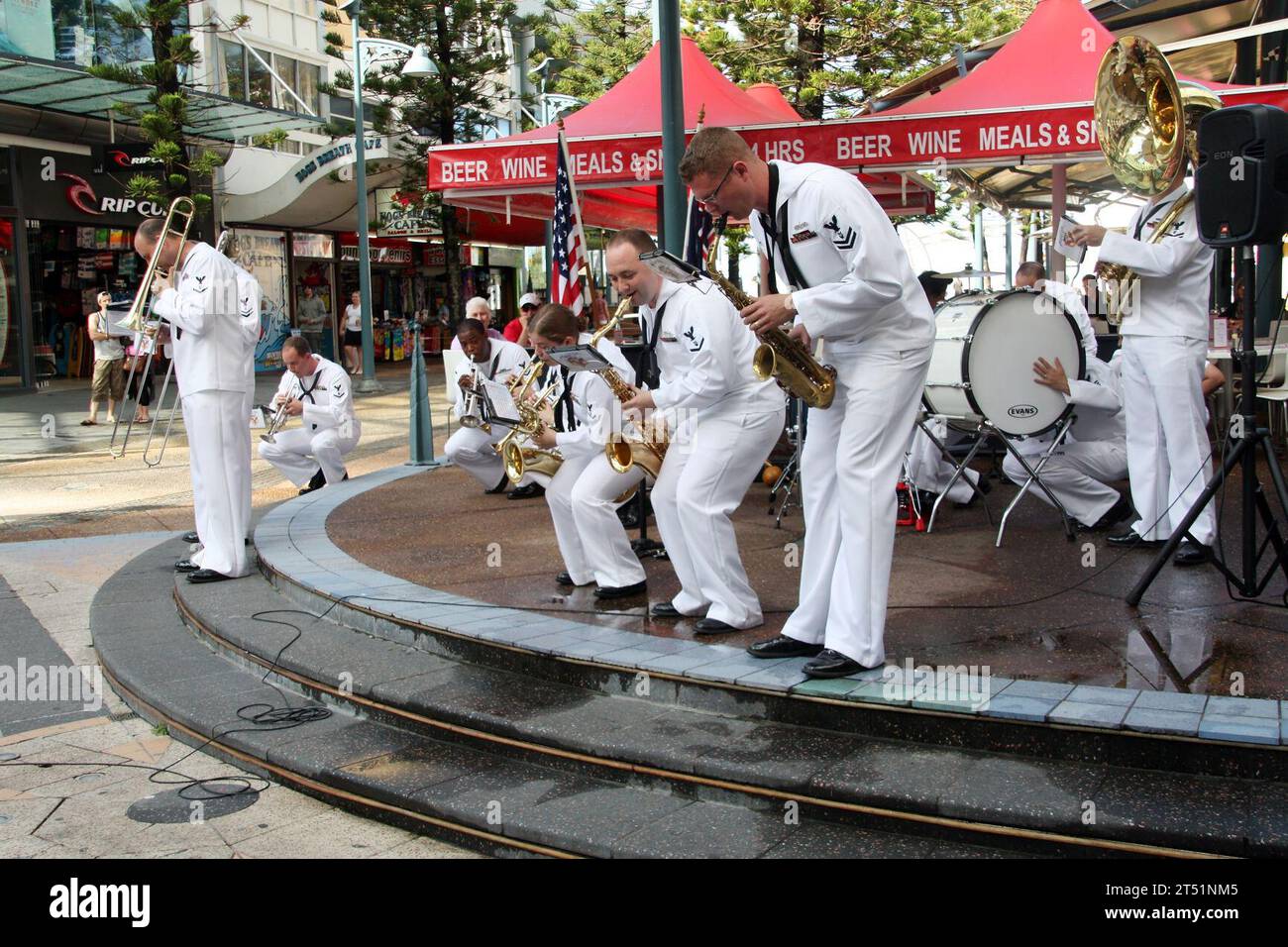 1105101X994-002 GOLD COAST, Australia (May 10, 2011) Members of the U.S. 7th Fleet Band perform at an outdoor shopping center in Gold Coast, Australia. The band is in Australia to commemorate the 69th anniversary of the Battle of the Coral Sea and to share music with the community in the wake of recent floods. (U.S. Navy Stock Photo