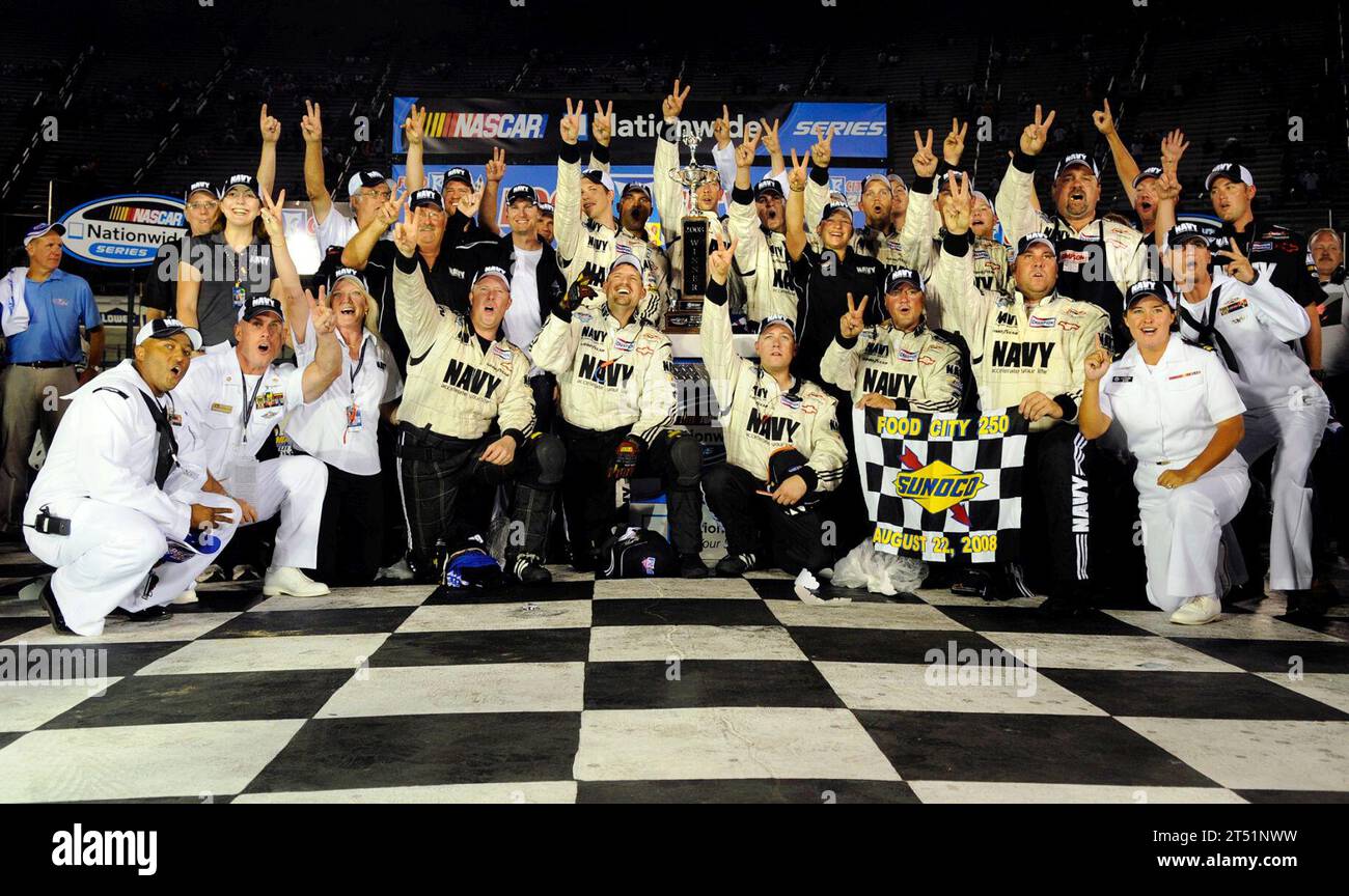0808225345W-262 BRISTOL, Tenn. (Aug. 22, 2008) Sailors assigned to Riverine Squadron (RIVRON) 1 celebrate in victory lane with the JR Motorsports U.S. Navy team after driver Brad Keselowski raced the No. 88 U.S. Navy Chevrolet Monte Carlo to victory in the NASCAR Nationwide Series Food City 250 at Bristol Motor Speedway in Bristol, Tenn. Keselowski overcame a 37th place starting position to claim his second career victory and won second place overall in the nationwide championship standings. Navy Stock Photo