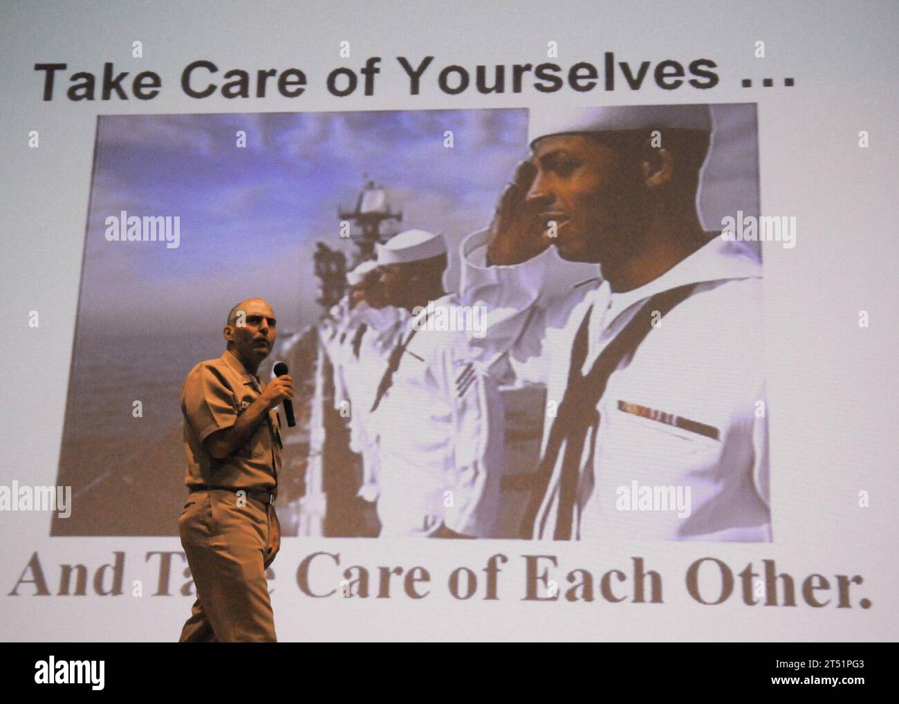 1006212218S-002  YOKOSUKA, Japan (June 21, 2010) Command Master Chief Dominick Torchia, assigned to the Naval Safety Center, gives a safety presentation to Sailors at Fleet Activities Yokosuka. Torchia and Rear Adm. Arthur Johnson, commander Naval Safety Center are visiting Japan to educate Sailors about potential dangers both on and off duty, as well as highlighting the 101 critical days of summer. Navy Stock Photo