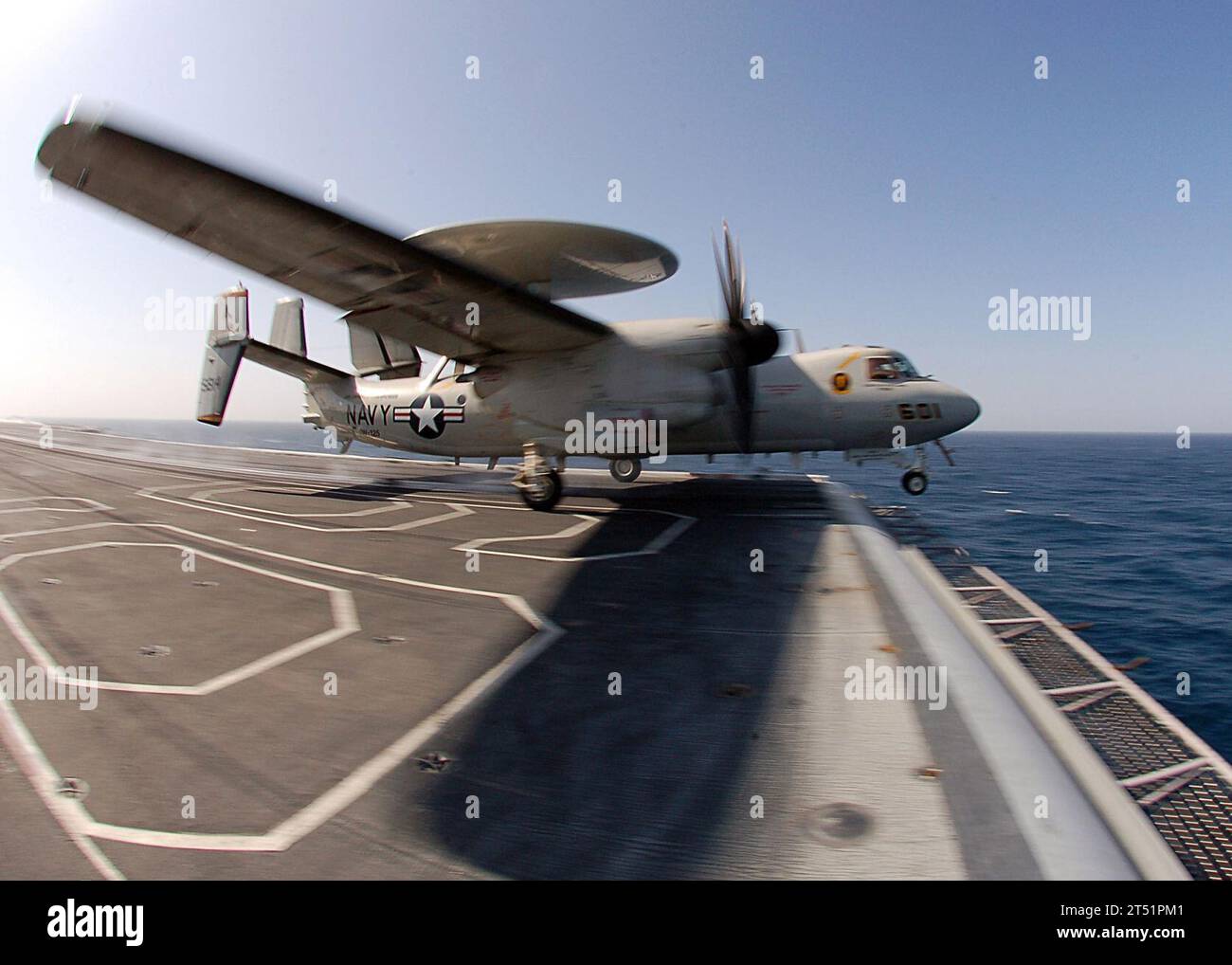 0611229946J-002 Arabian Sea (Nov. 22, 2006) - A E-2C Hawkeye assigned to the 'Tigertails' of Carrier Airborne Early Warning Squadron One Two Five (VAW-125) launches from the flight deck of the Nimitz-class aircraft carrier USS Dwight D. Eisenhower (CVN 69). Eisenhower and embarked Carrier Air Wing Seven (CVW-7) are on a regularly scheduled deployment in support of Maritime Security Operations. U.S. Navy Stock Photo