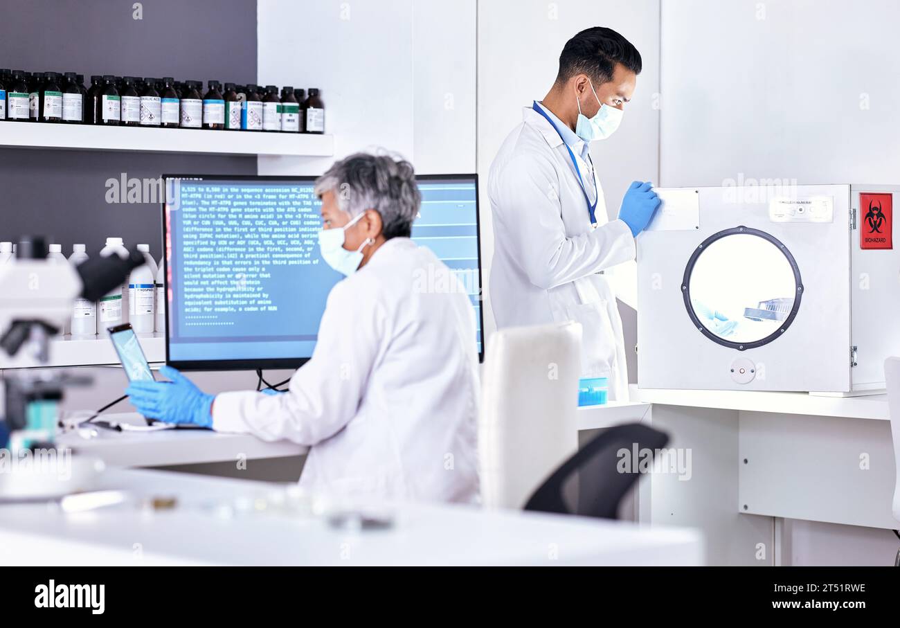 Covid lab, research and employees with technology for science with ...