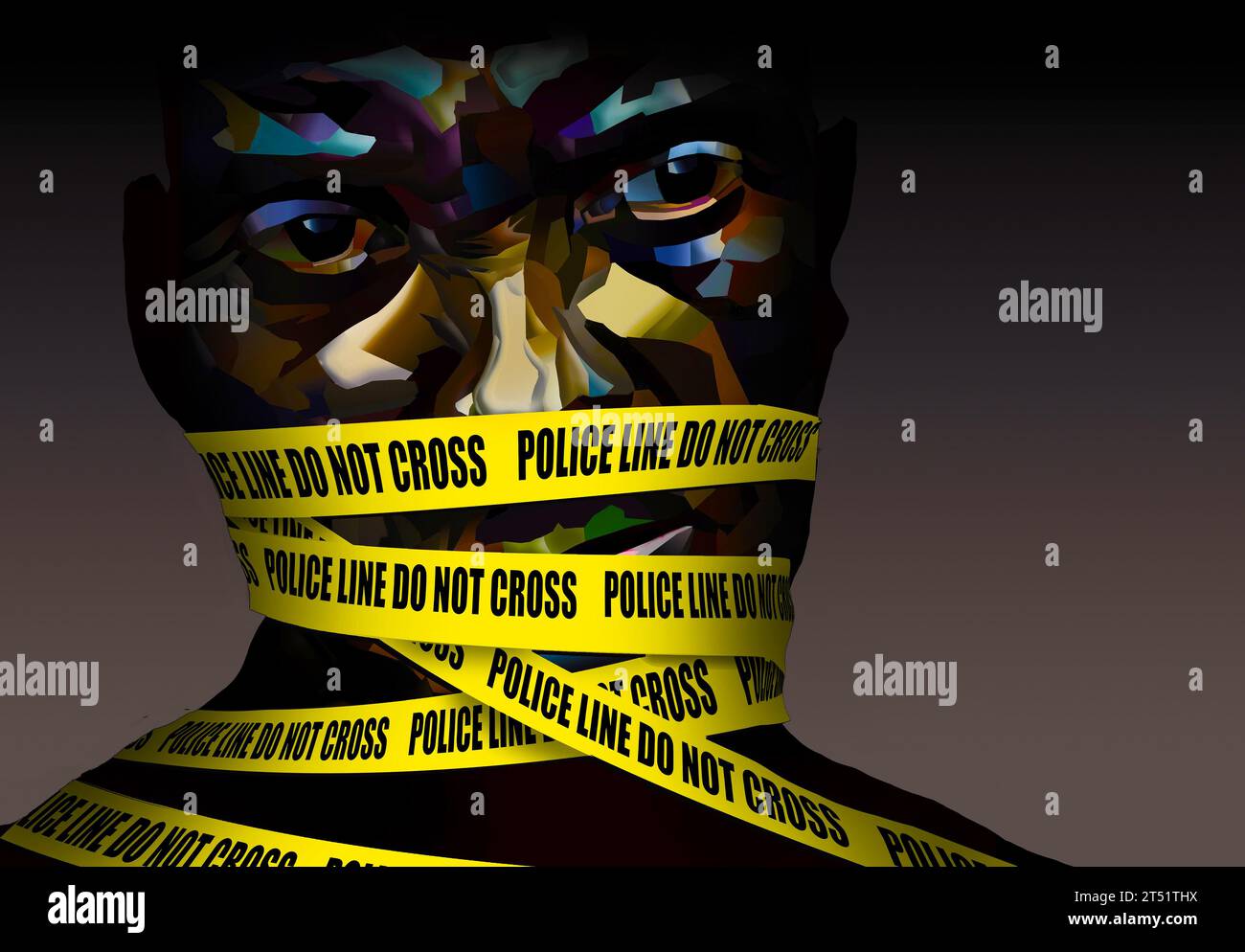 An African American man is silenced by police crime scene tape wrapped around his head. This is a 3-d illustration about  the strained relationship be Stock Photo