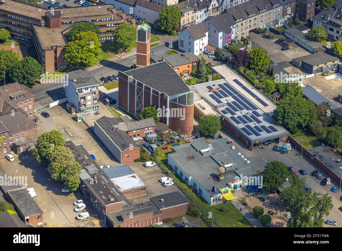 Aerial view, culture church Heilig Kreuz, municipal KIndergarten