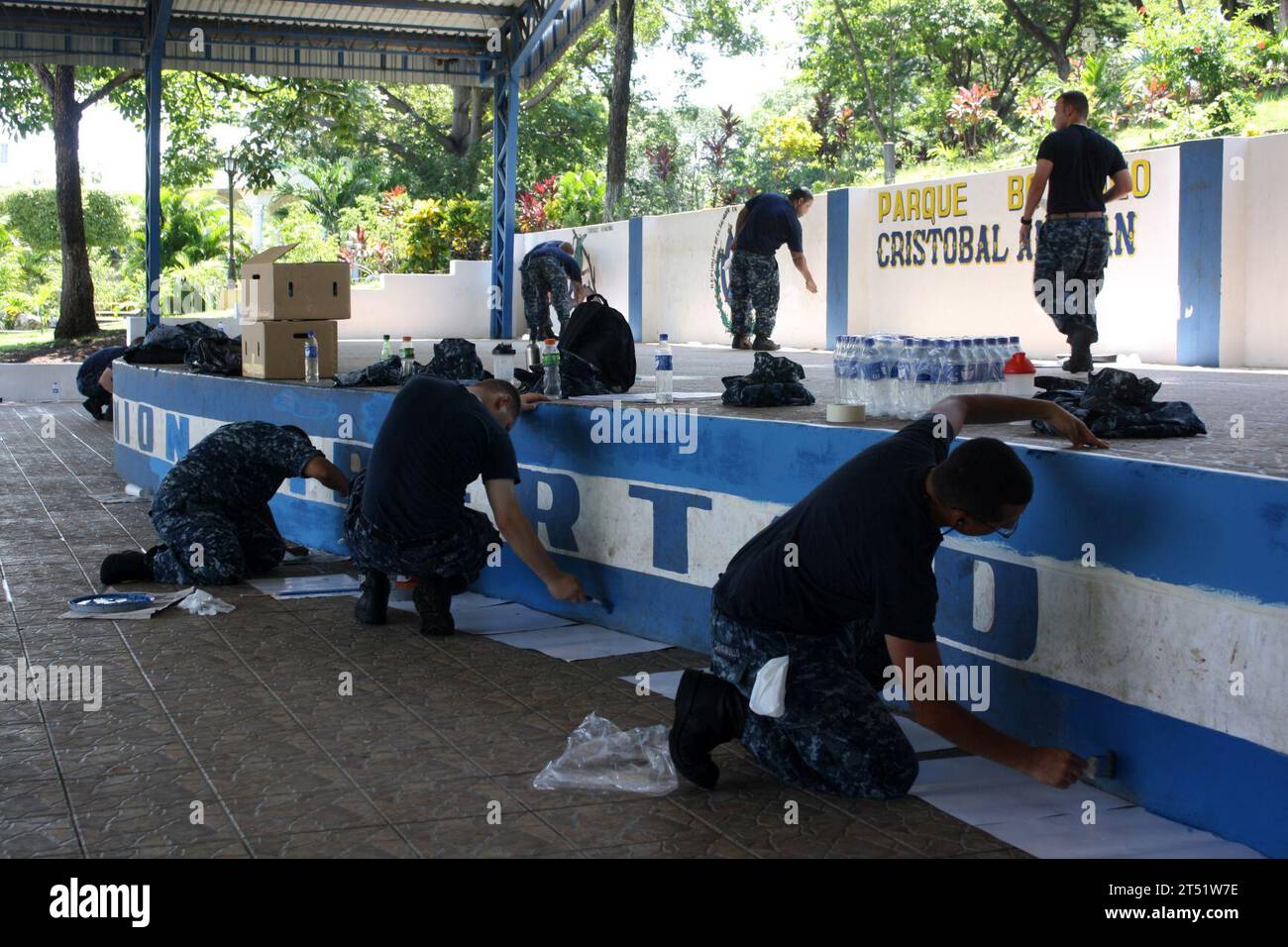 110831ZI300-064  ACAJUTLA, El Salvador (Aug. 31, 2011) Sailors assigned to the guided-missile frigate USS Thach (FFG 43) paint the stage and pavilion at the Cristobal Aleman Botanical Park as part of a community service project during a port visit. Thach is deployed to Central and South America supporting Southern Seas 2011. Navy Stock Photo