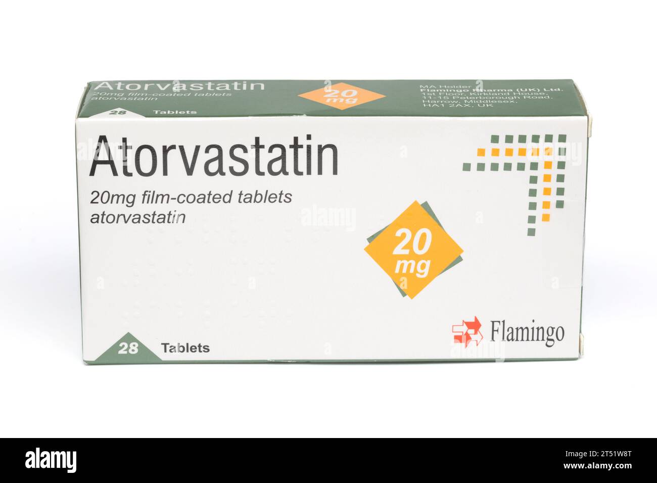 A box of 28 20mg atorvastatin film coated tablets Stock Photo