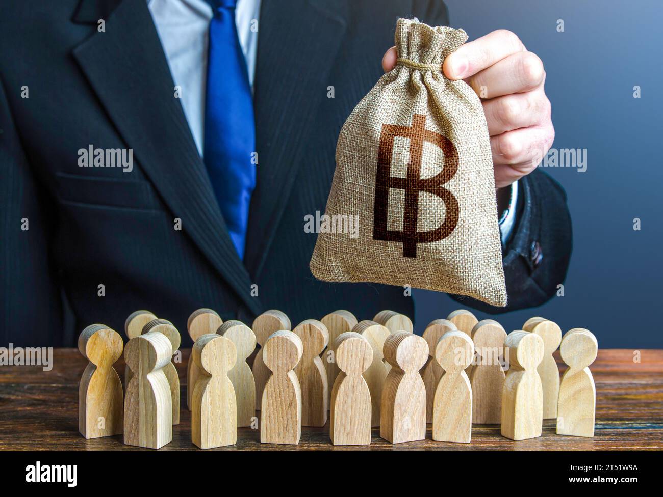 Businessman Holds Out A Thai Baht Money Bag To The Crowd. Compensation ...