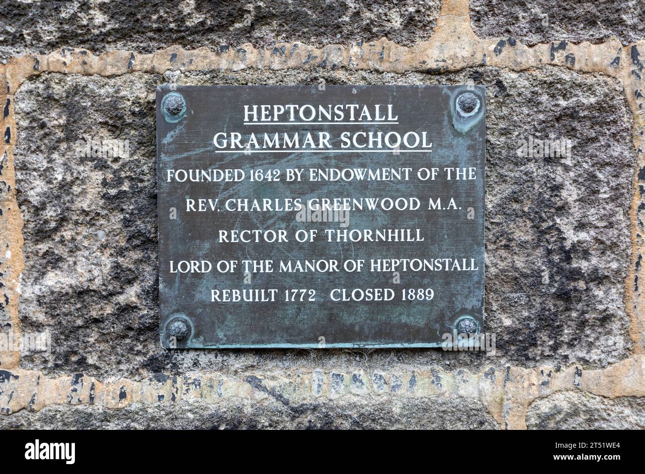 The memorial plaque for Heptonstall Grammar School, Yorkshire Stock
