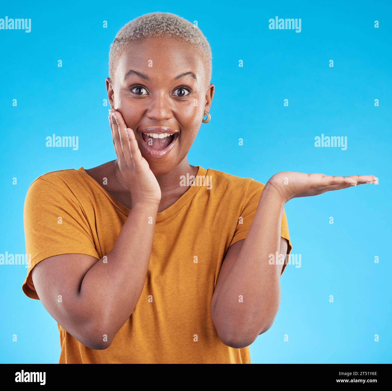 Wow, mockup and portrait of a black woman on a blue background for marketing or a product. Sale, customer and an African girl or promoter with Stock Photo